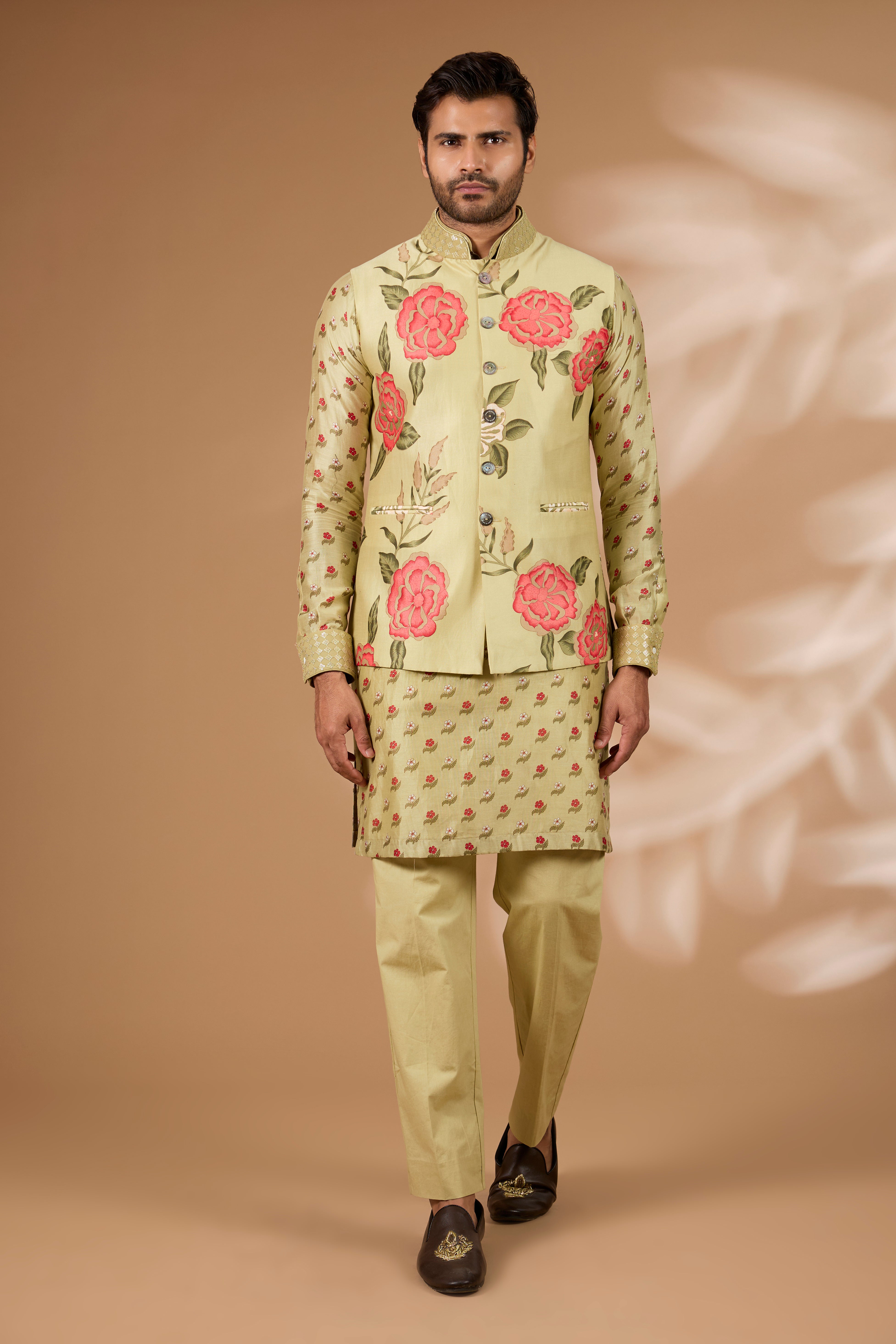 Olive Silk Floral Bundi Set – Sequin Collar, Matching Kurta & Pant