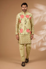 Olive Silk Floral Bundi Set – Sequin Collar, Matching Kurta & Pant