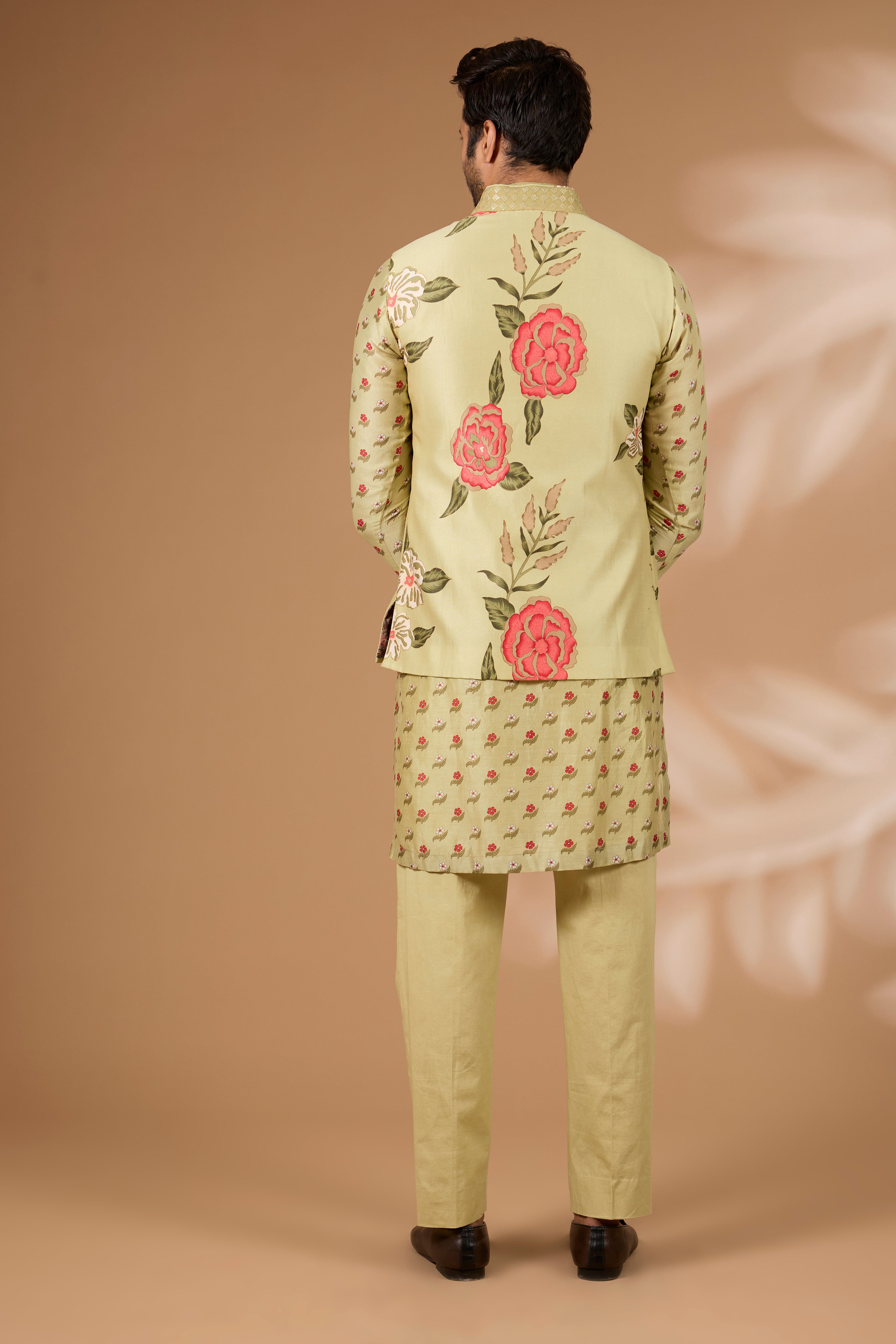 Olive Silk Floral Bundi Set – Sequin Collar, Matching Kurta & Pant
