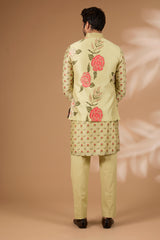 Olive Silk Floral Bundi Set – Sequin Collar, Matching Kurta & Pant
