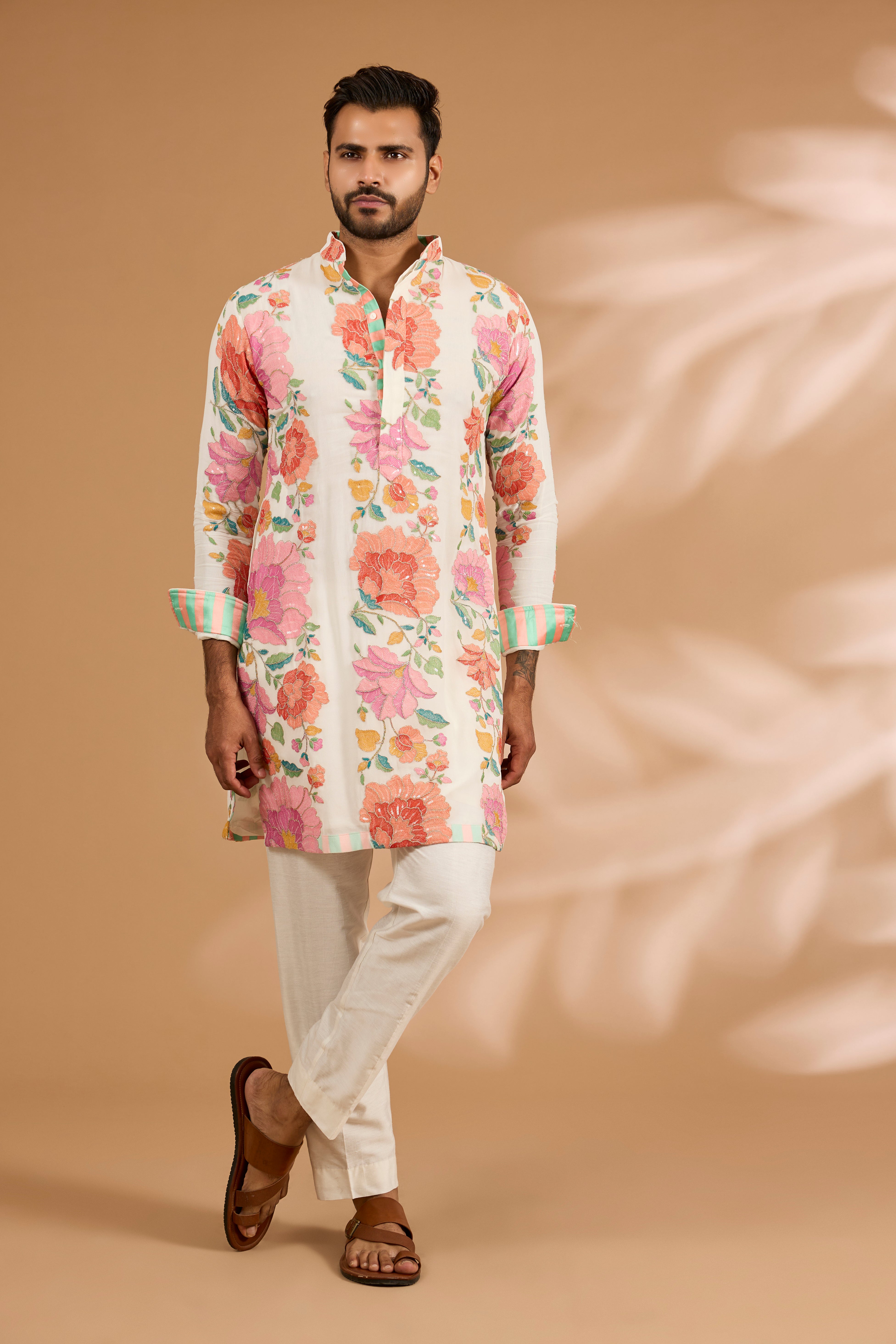 Off-White Georgette Multi-Thread Rose Embroidered Kurta Set