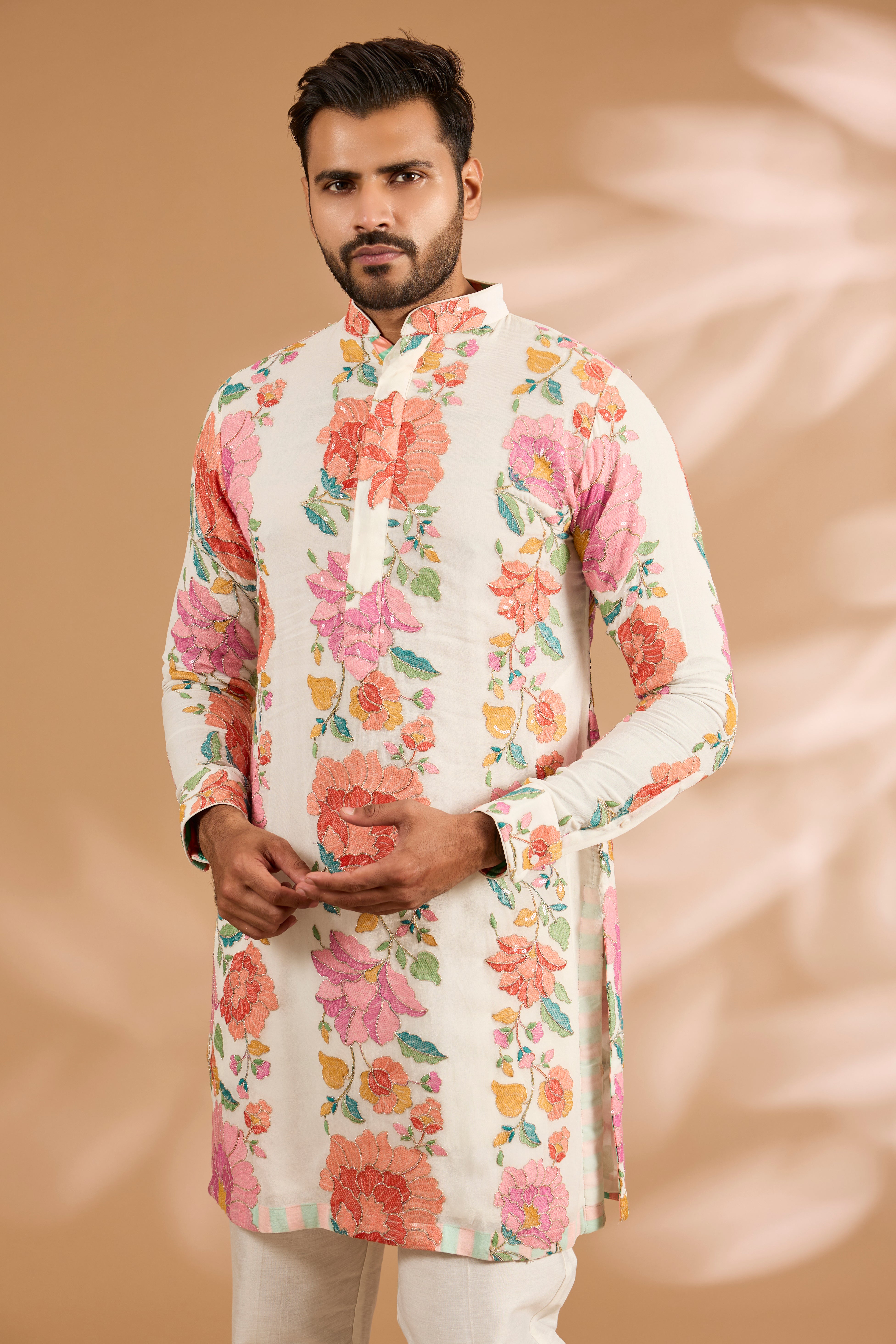 Off-White Georgette Multi-Thread Rose Embroidered Kurta Set