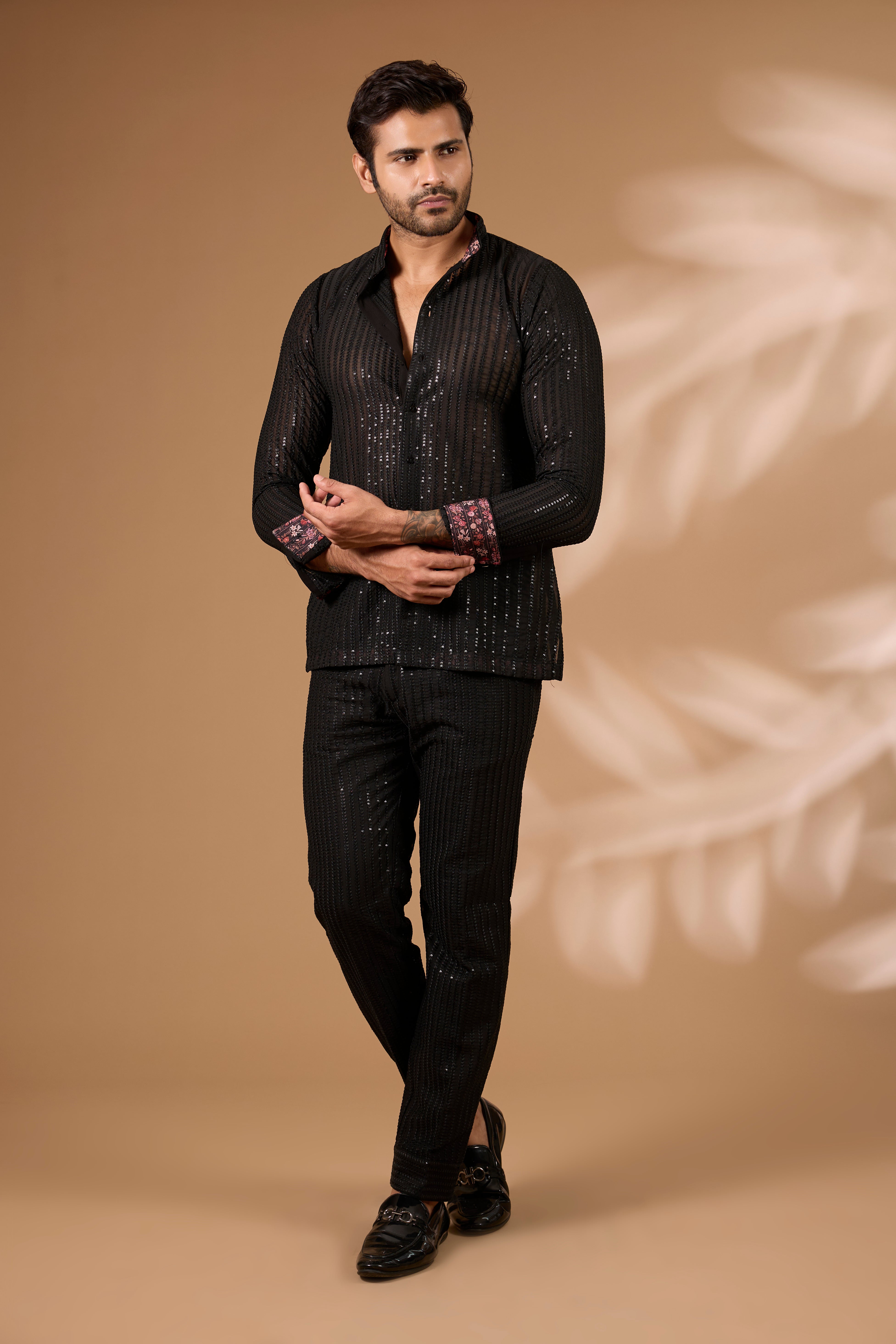 Black Georgette Cord Set – Thread & Sequin Lines