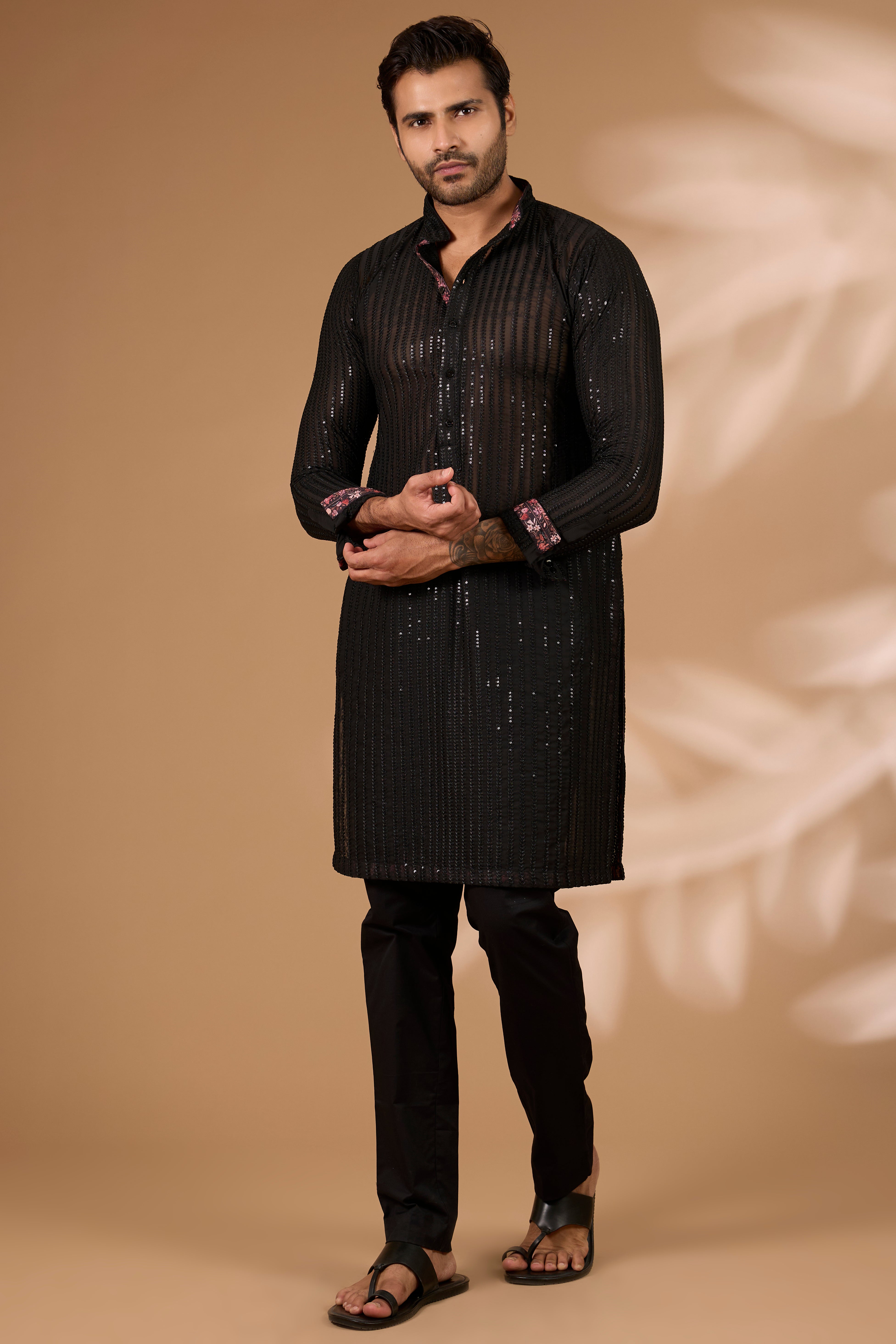 Black Georgette Kurta – Thread & Sequin Lines, Cotton Silk Pant