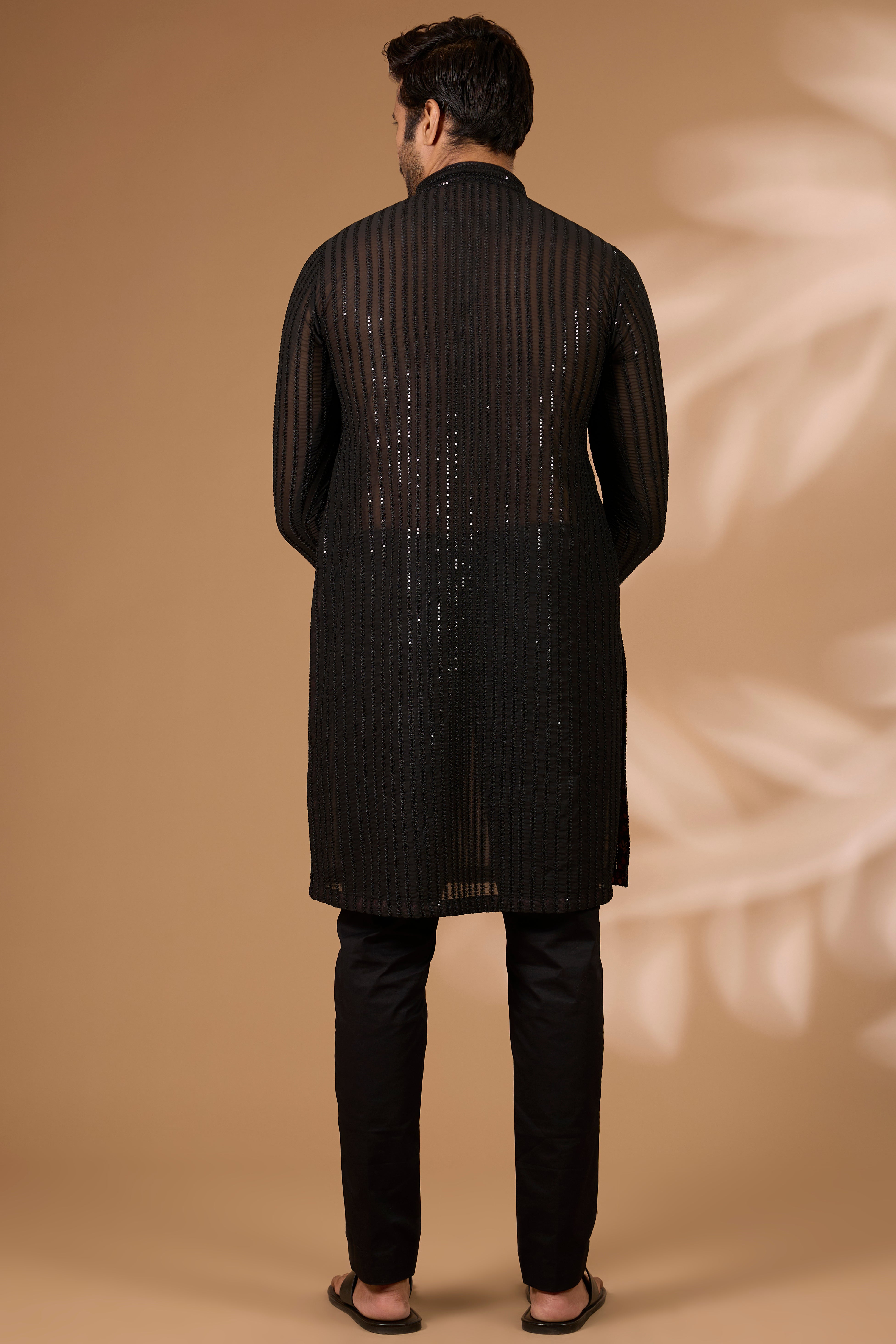 Black Georgette Kurta – Thread & Sequin Lines, Cotton Silk Pant