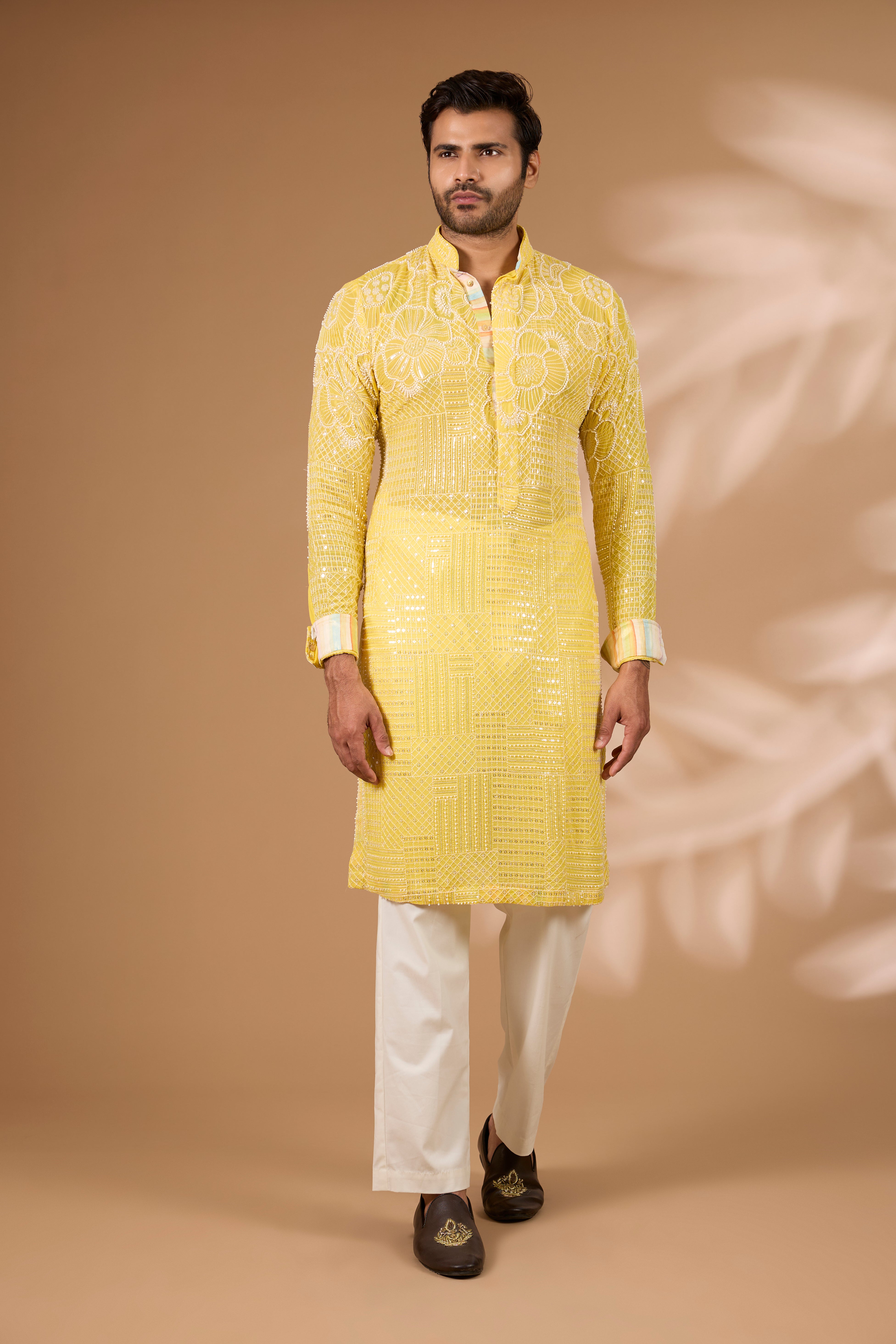 Yellow Georgette Kurta – Full Sequin, Thread & Beads, Off-White Pant