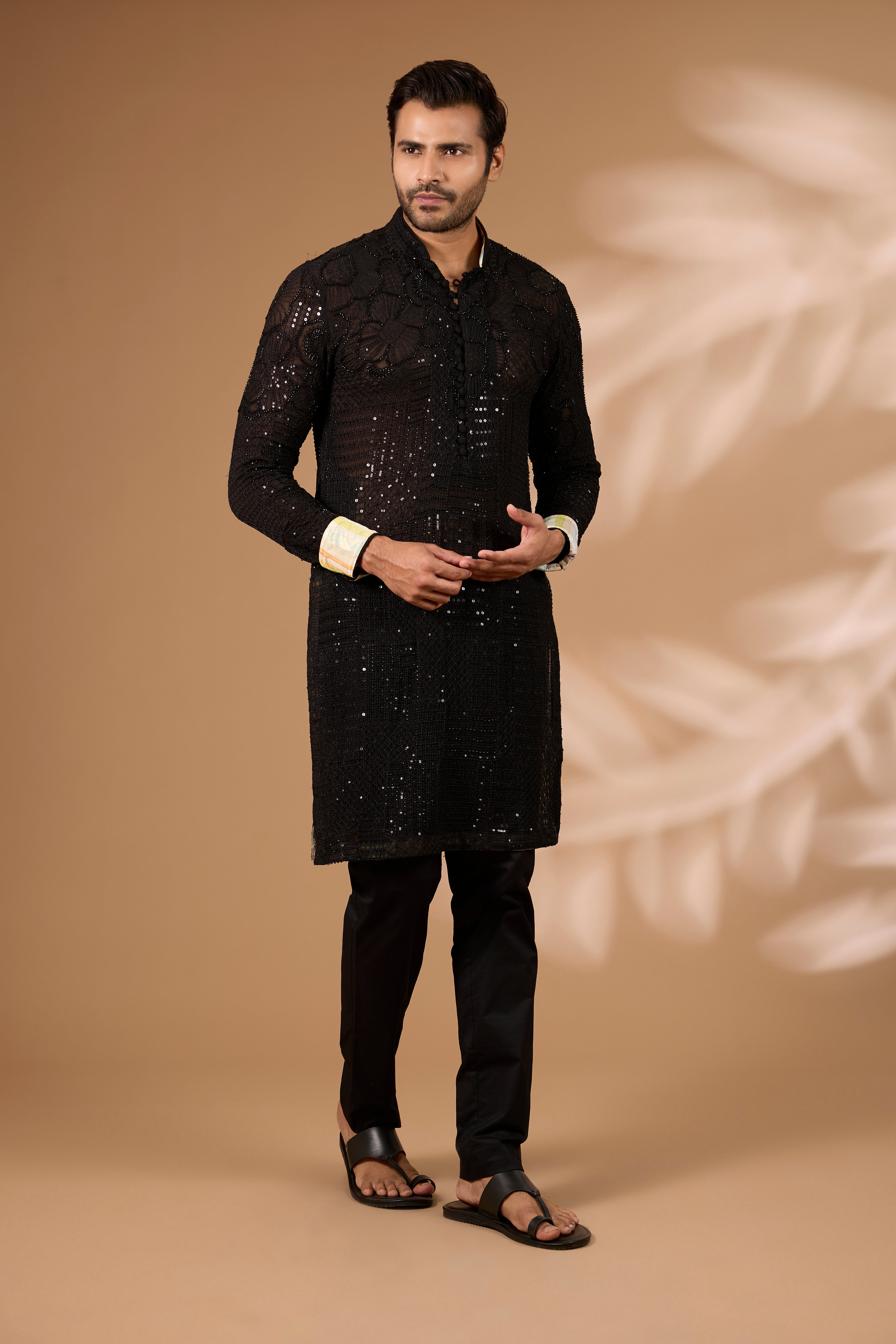 Black Georgette Kurta – Full Sequin & Beads, Cotton Silk Pant