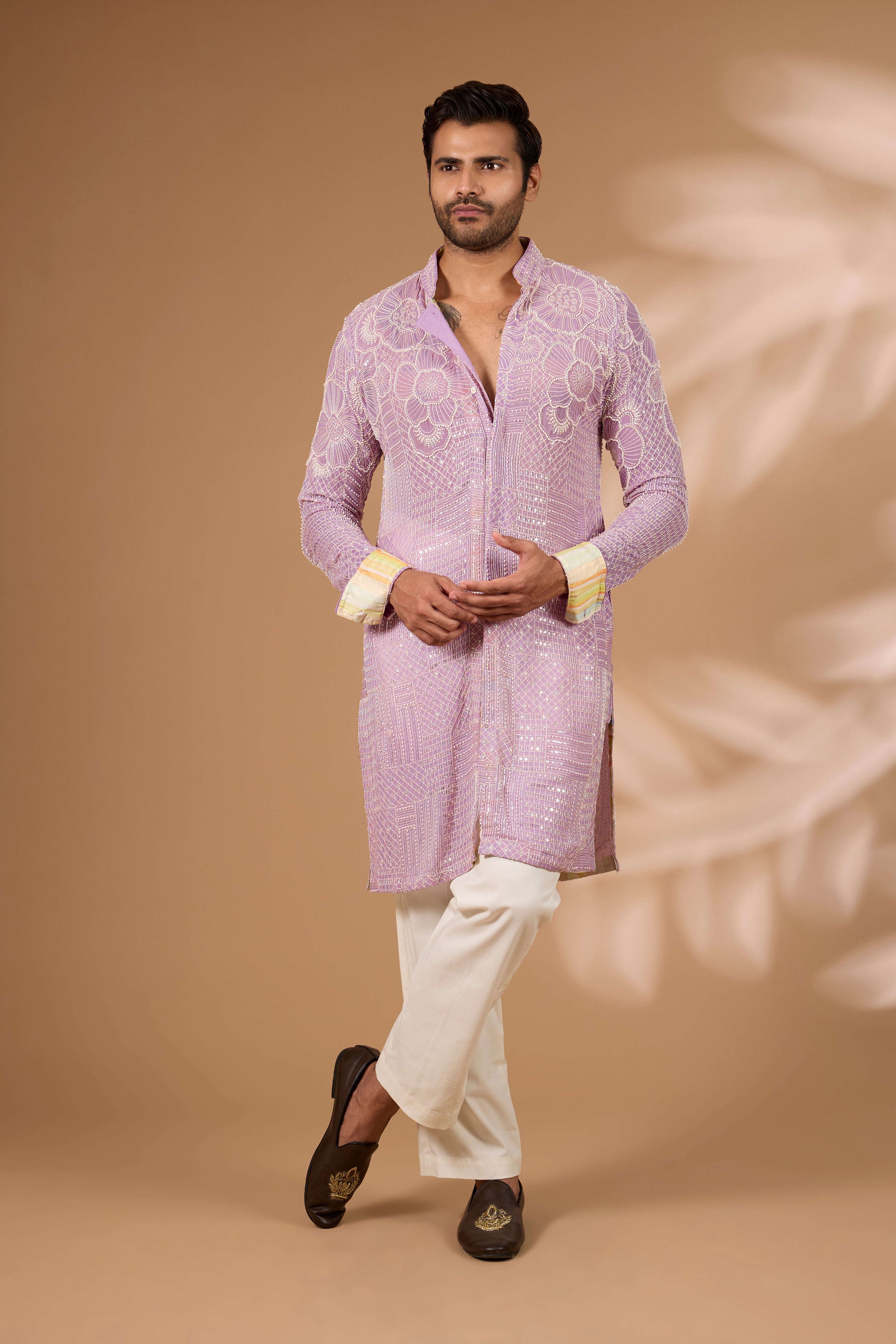 Lilac Georgette Kurta – Front Open, Full Sequin & Beads, Off-White Pant