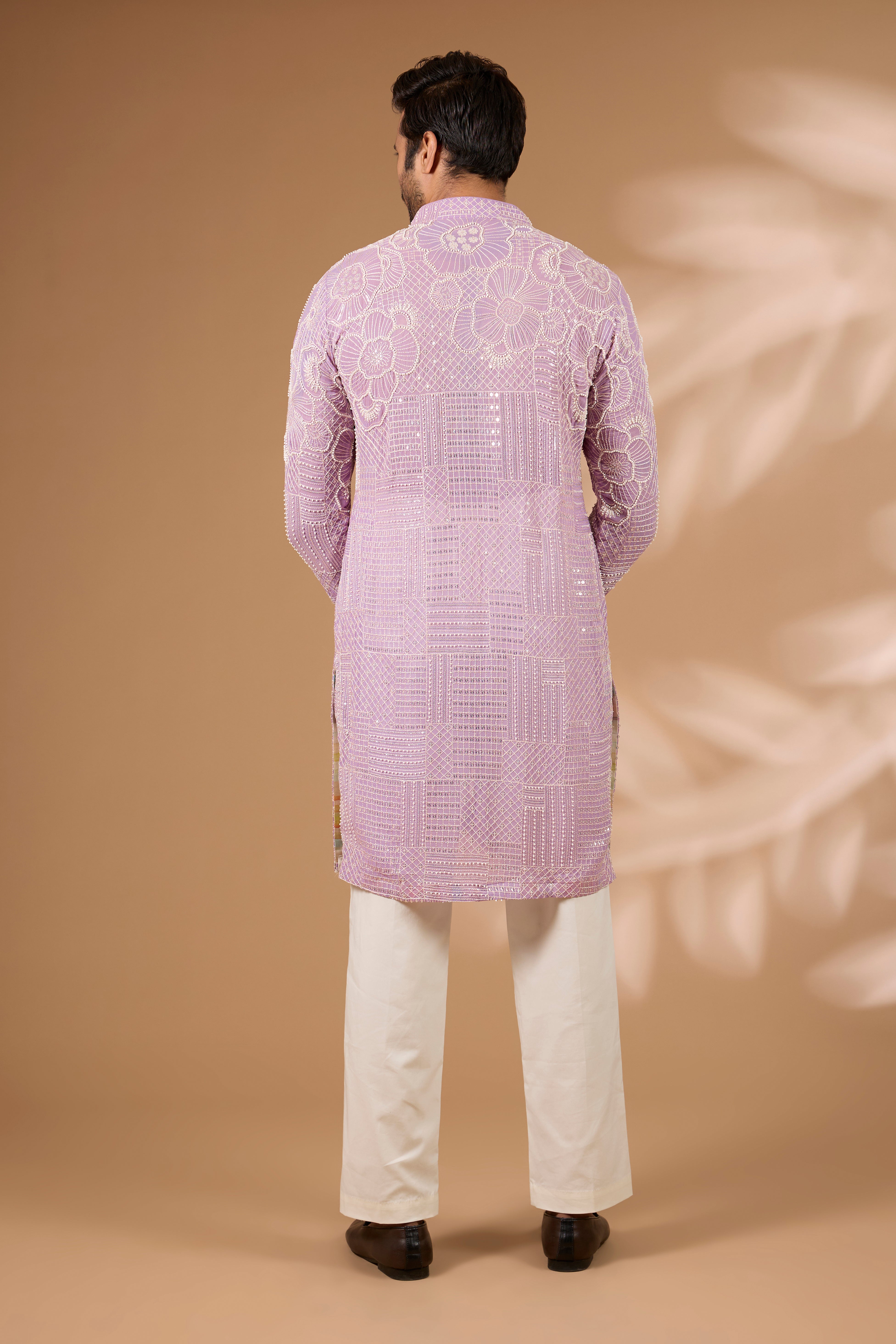Lilac Georgette Kurta – Front Open, Full Sequin & Beads, Off-White Pant