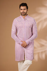 Lilac Georgette Kurta – Front Open, Full Sequin & Beads, Off-White Pant