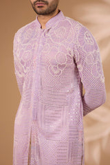 Lilac Georgette Kurta – Front Open, Full Sequin & Beads, Off-White Pant