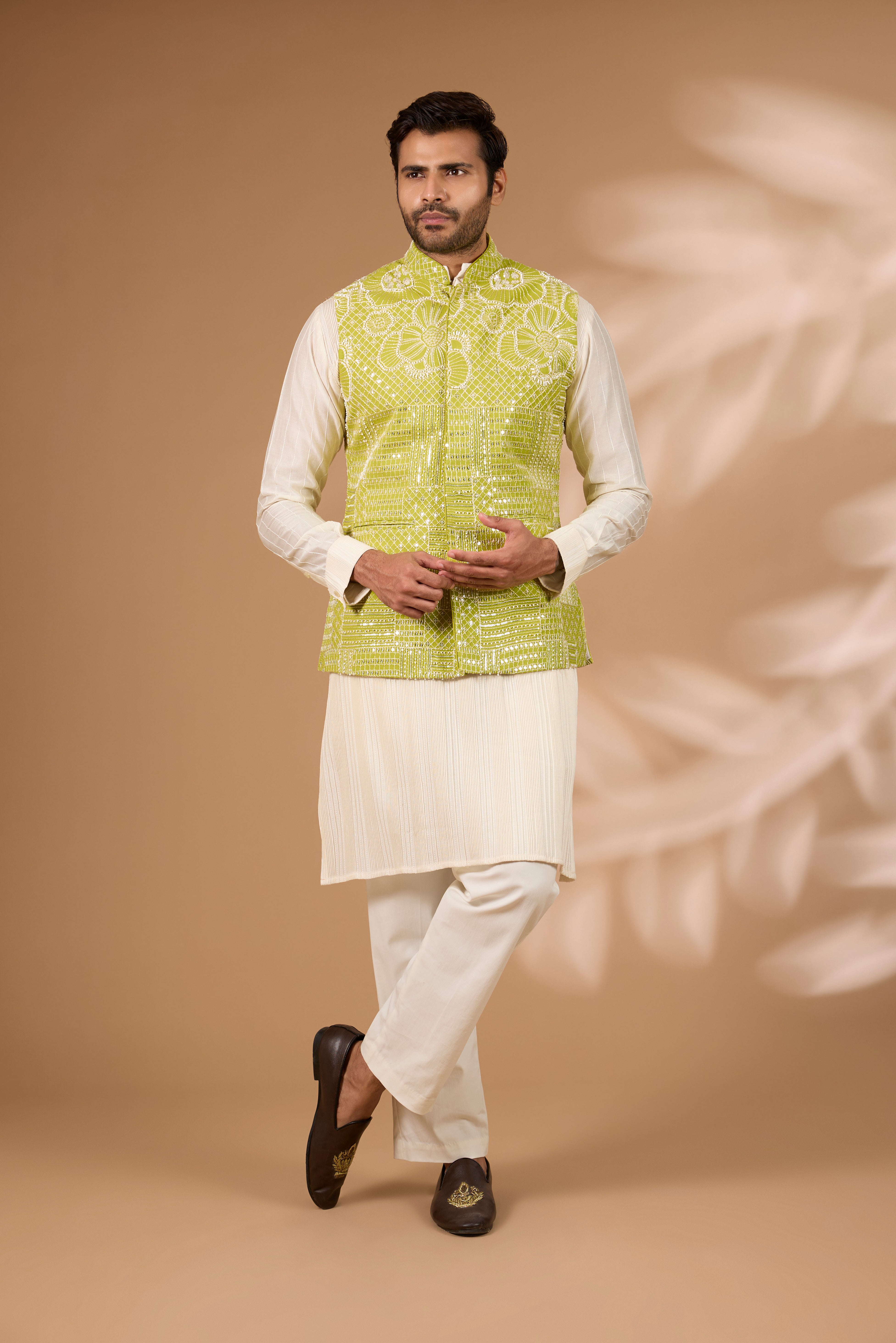 Lime Green Georgette Bundi – Full Embroidery, Stripe Print