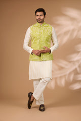 Lime Green Georgette Bundi – Full Embroidery, Stripe Print