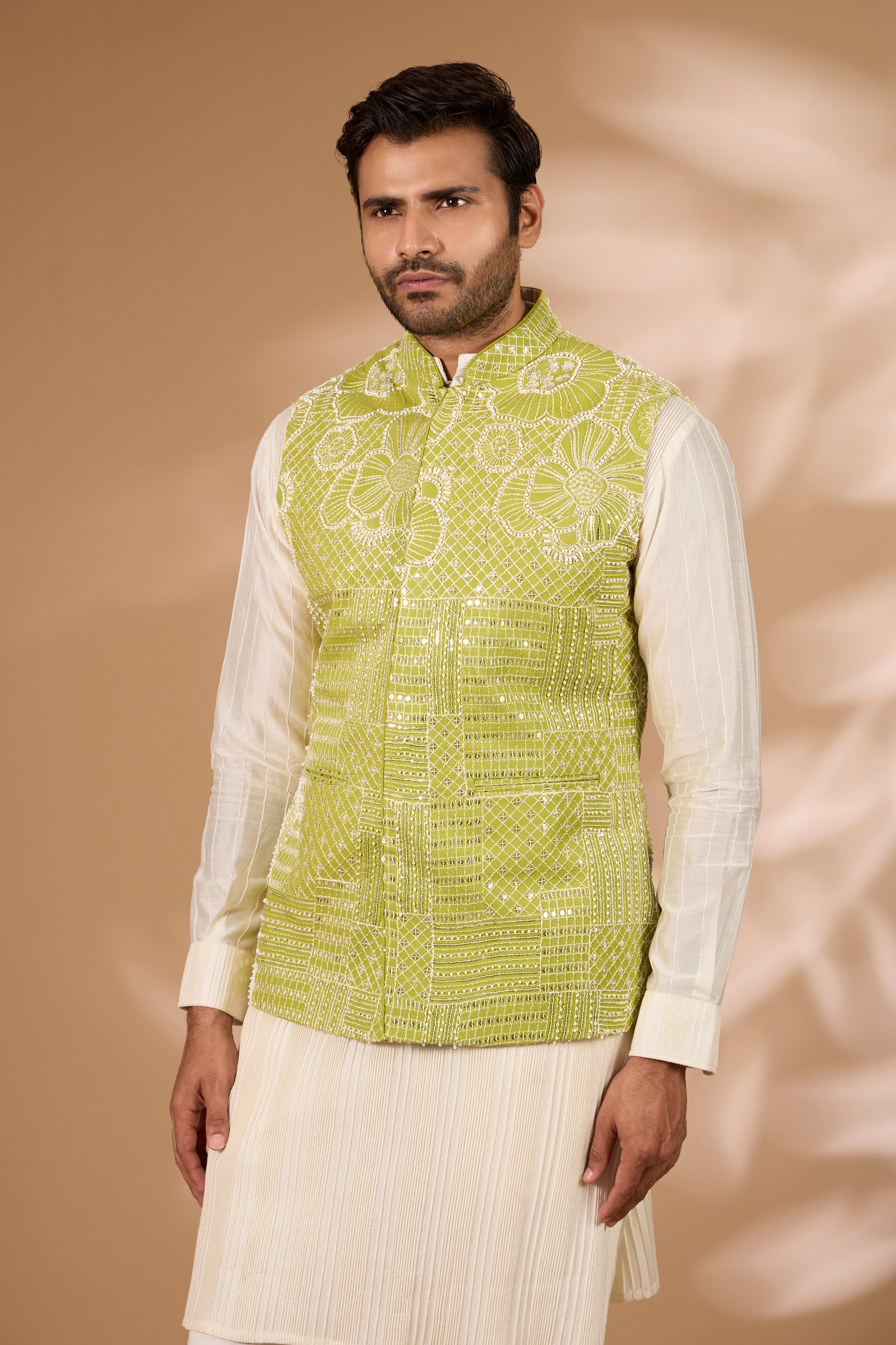 Lime Green Georgette Bundi – Full Embroidery, Stripe Print