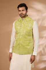 Lime Green Georgette Bundi – Full Embroidery, Stripe Print