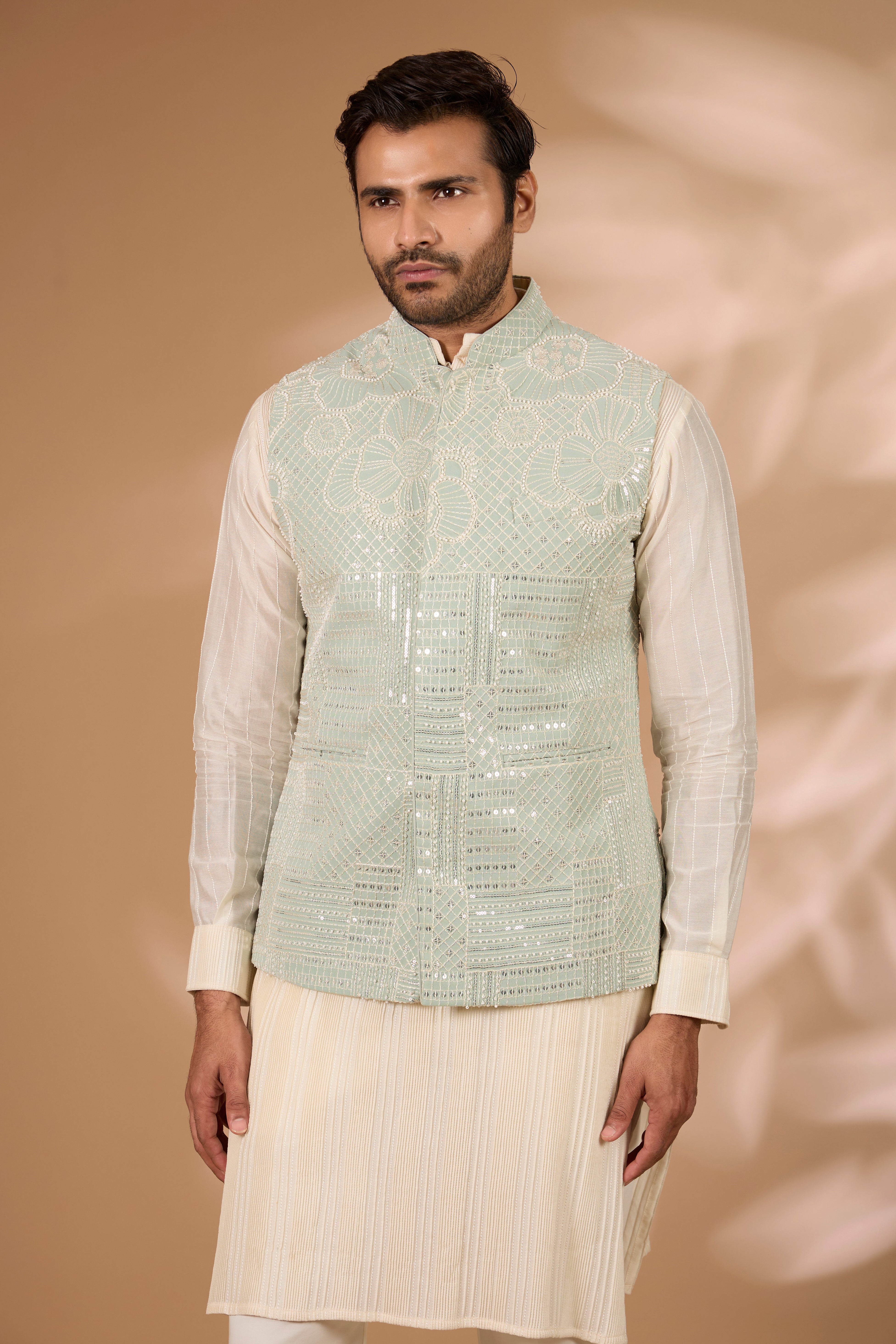 Sage Green Bundi Set – Stripe Print, Off-White Pintuck Kurta & Pant