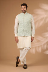 Sage Green Georgette Bundi – Full Embroidery, Stripe Print