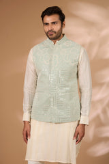 Sage Green Georgette Bundi – Full Embroidery, Stripe Print