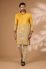 Haldi Silk Kurta – Gold Foil, Zari & Sequin, Gold Pant