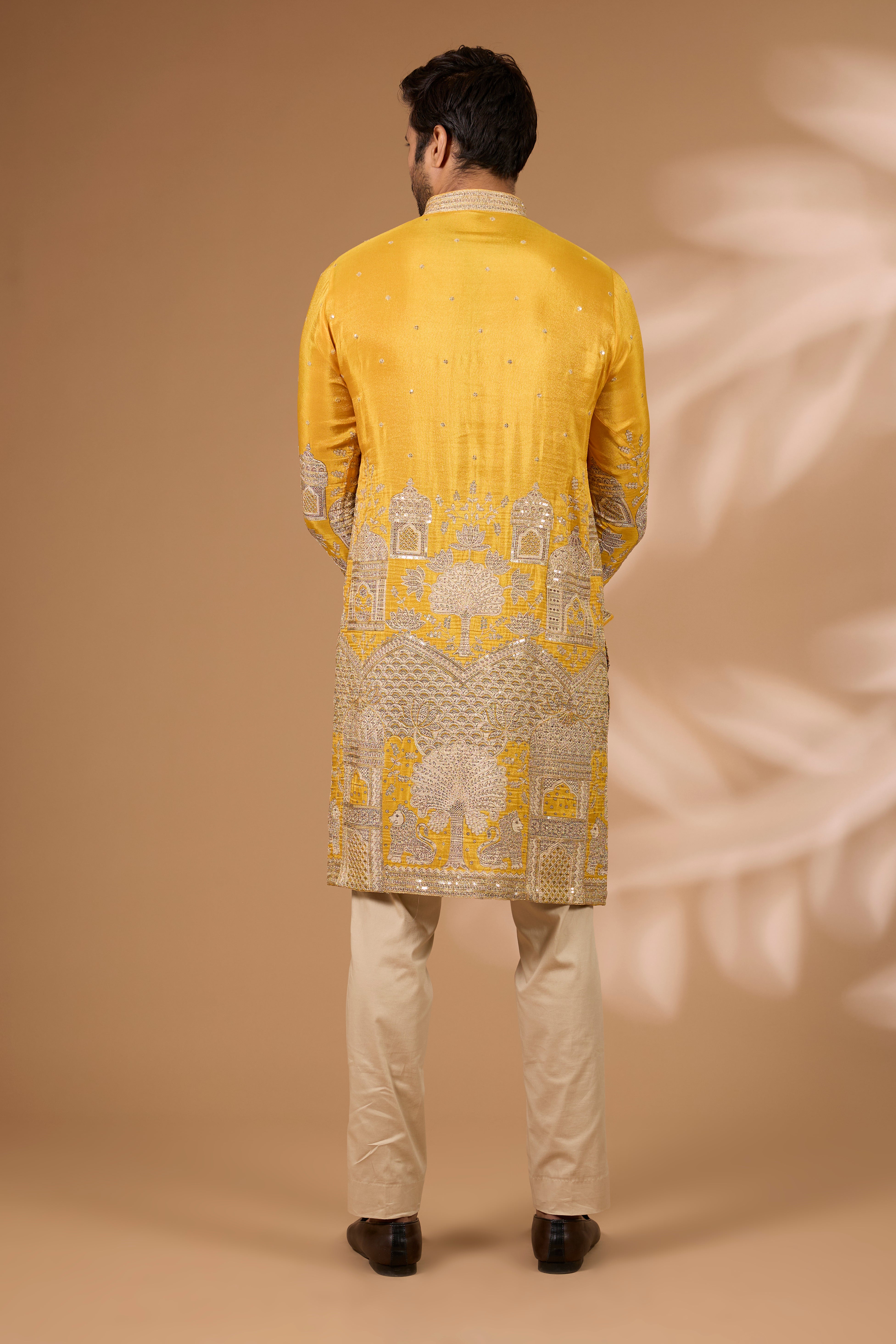 Haldi Silk Kurta – Gold Foil, Zari & Sequin, Gold Pant