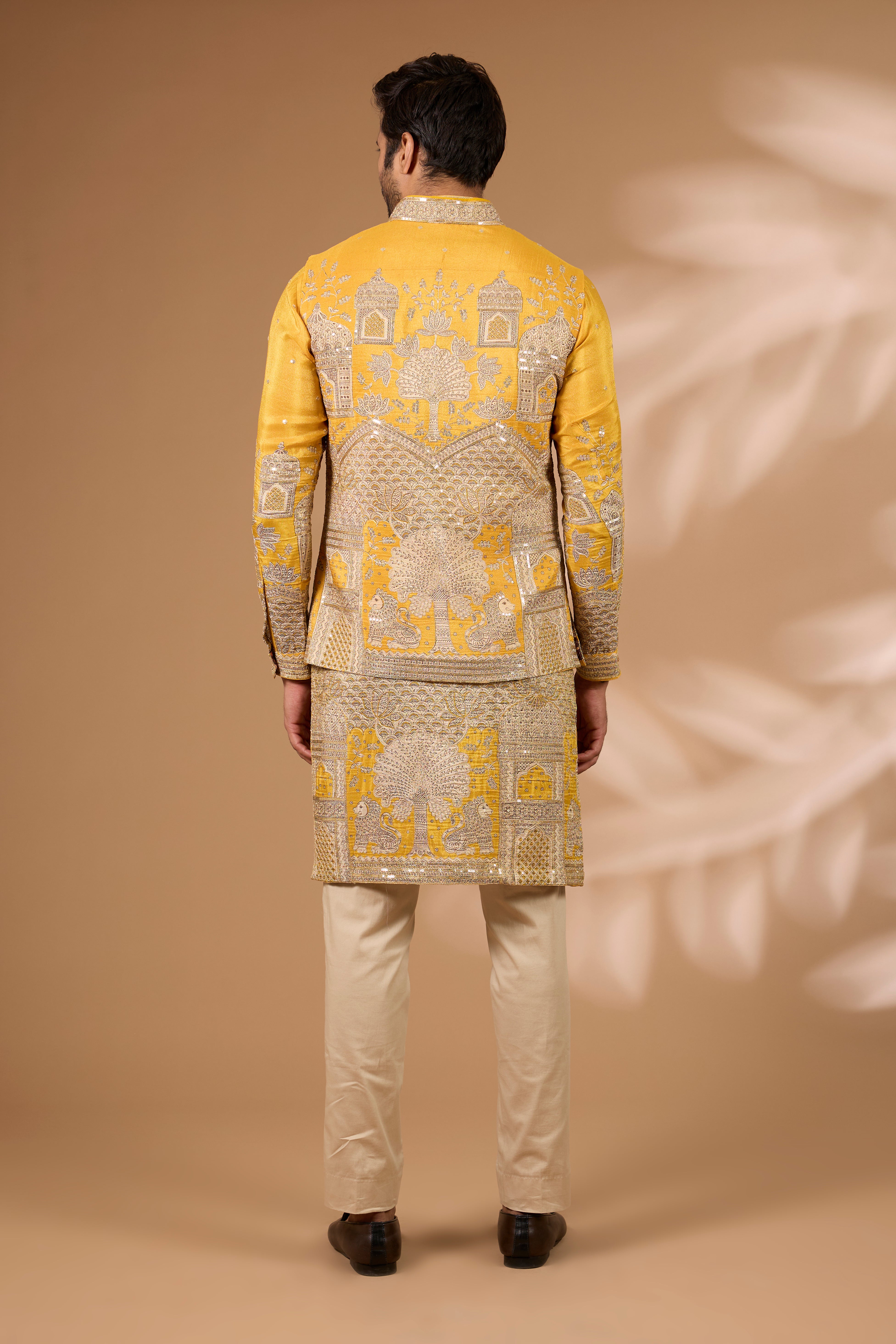 Haldi Silk Kurta & Bundi Set – Gold Foil, Zari & Sequin, Gold Pant