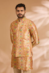 Multicolor Benarasi Zari Kurta with Printed Bundi & Gold Pants