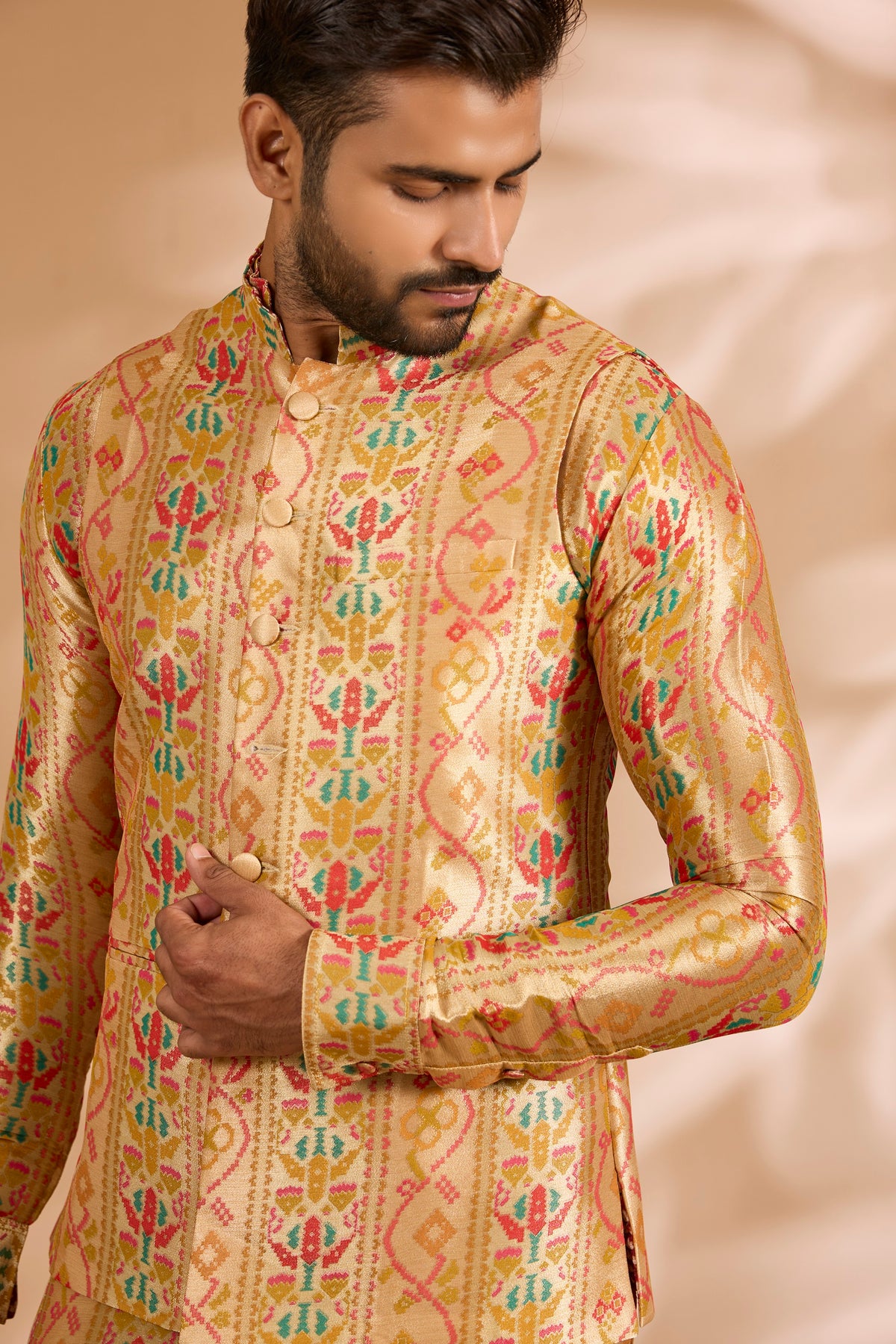 Multicolor Benarasi Zari Kurta with Printed Bundi & Gold Pants