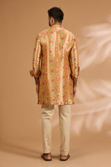 Multicolor Benarasi Zari Kurta with Printed Bundi & Gold Pants
