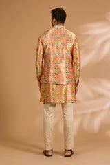 Multicolor Benarasi Zari Front Open Kurta Set with Bundi