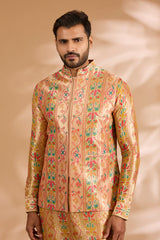 Multicolor Benarasi Zari Front Open Kurta Set with Bundi