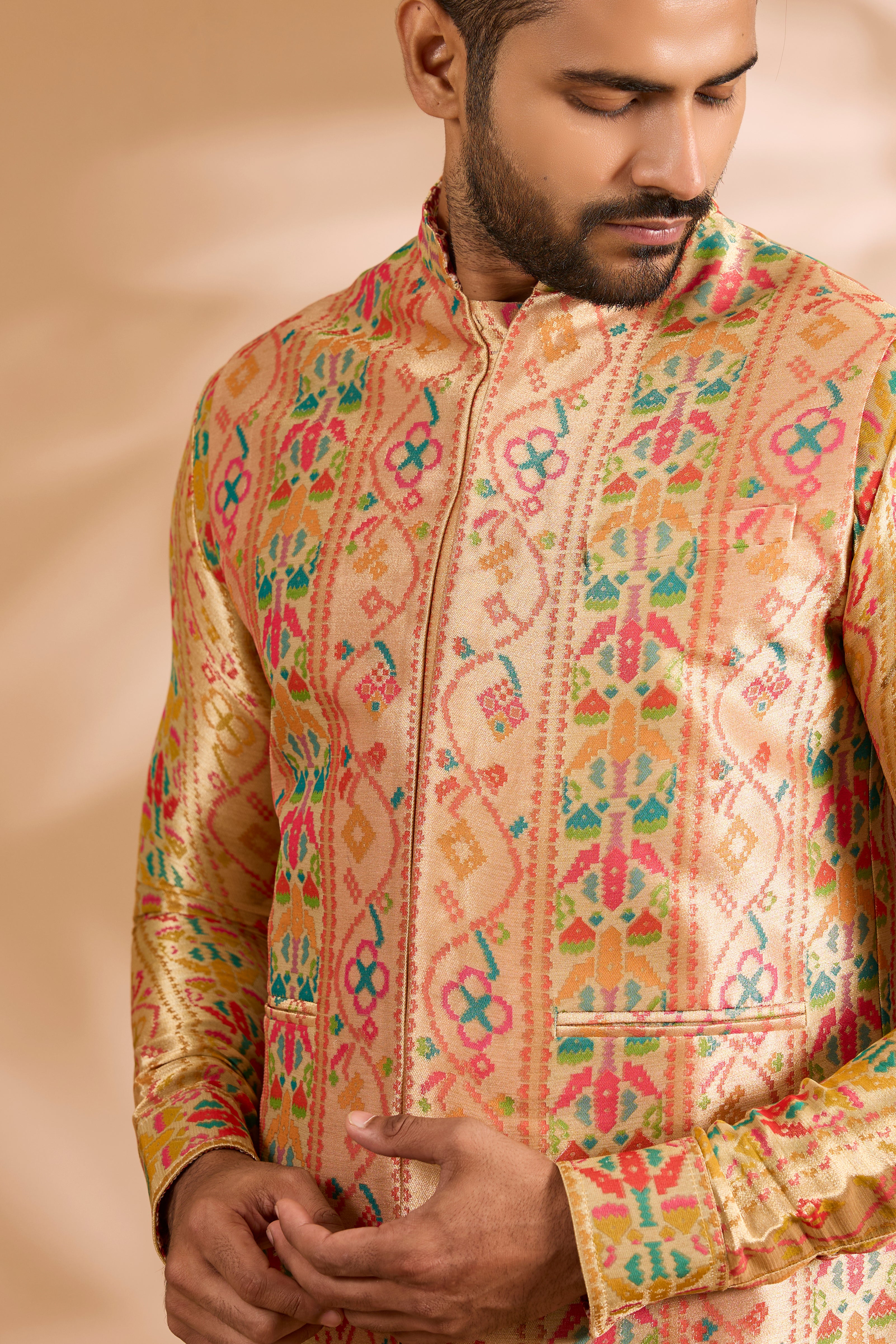 Multicolor Benarasi Zari Front Open Kurta Set with Bundi