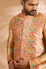 Multicolor Benarasi Zari Front Open Kurta Set with Bundi