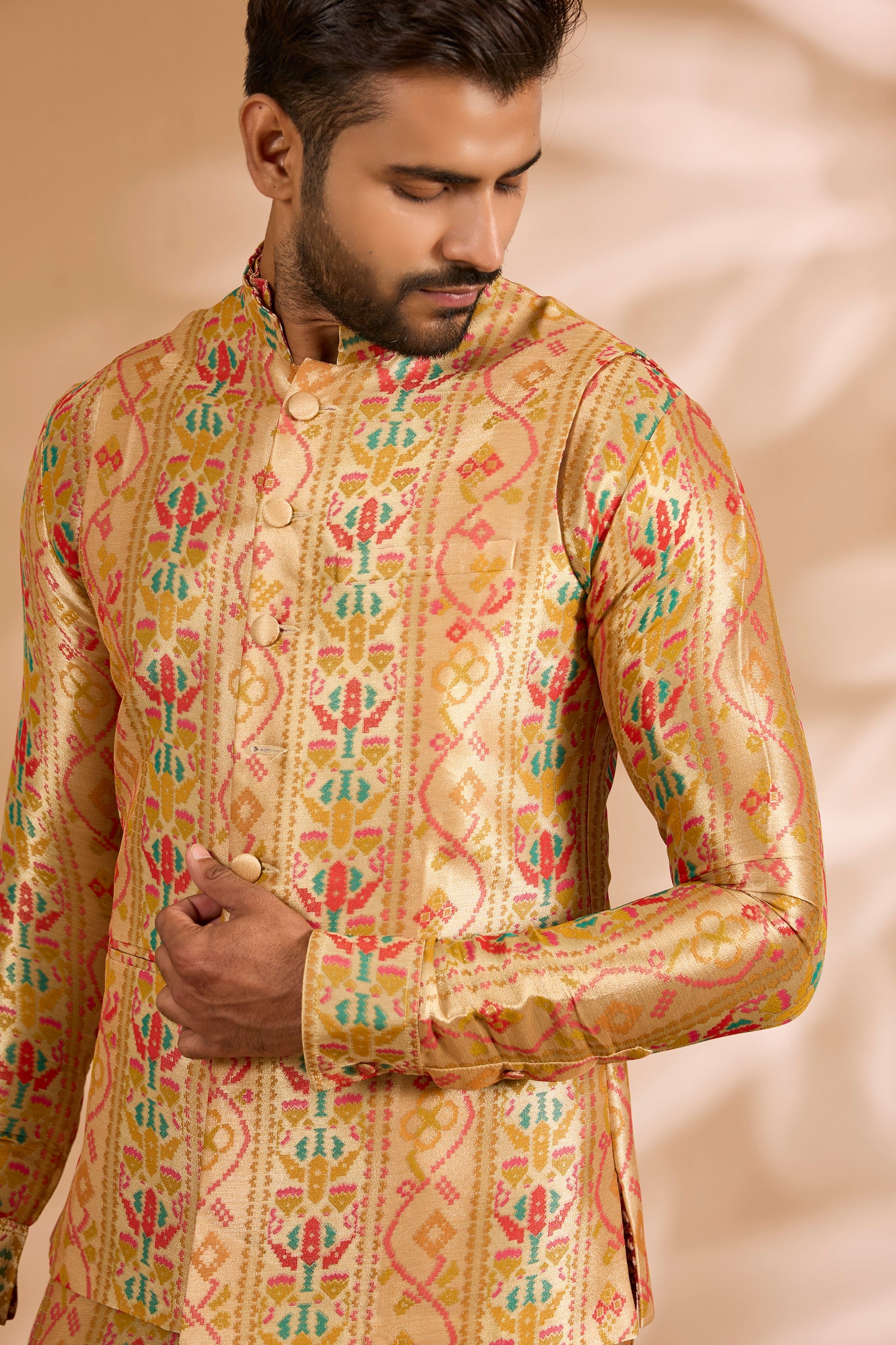 Multicolor Benarasi Zari Kurta with Loop Buttons & Gold Pants