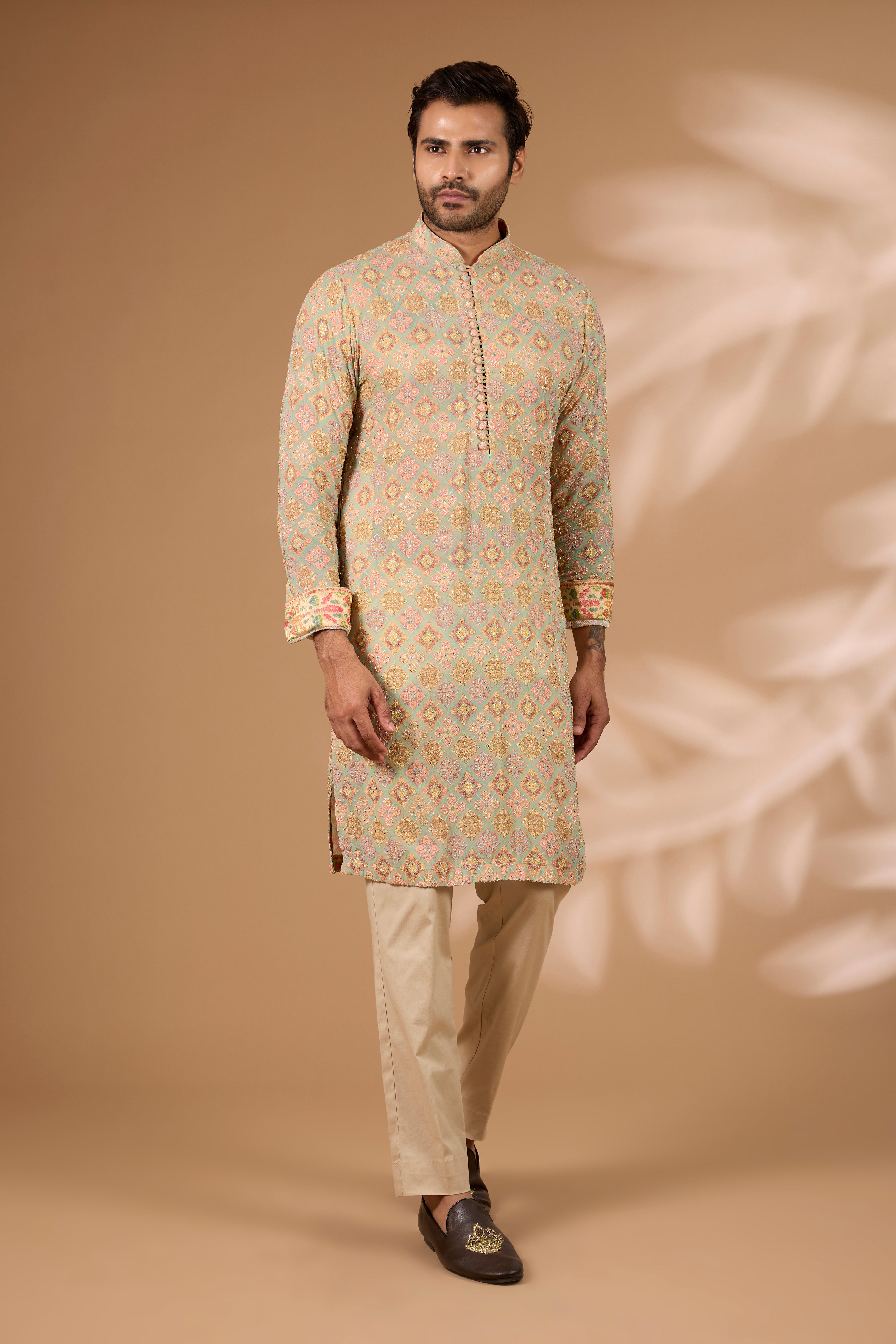 Aqua Georgette Kurta – Multicolor Thread & Beads, Gold Pant