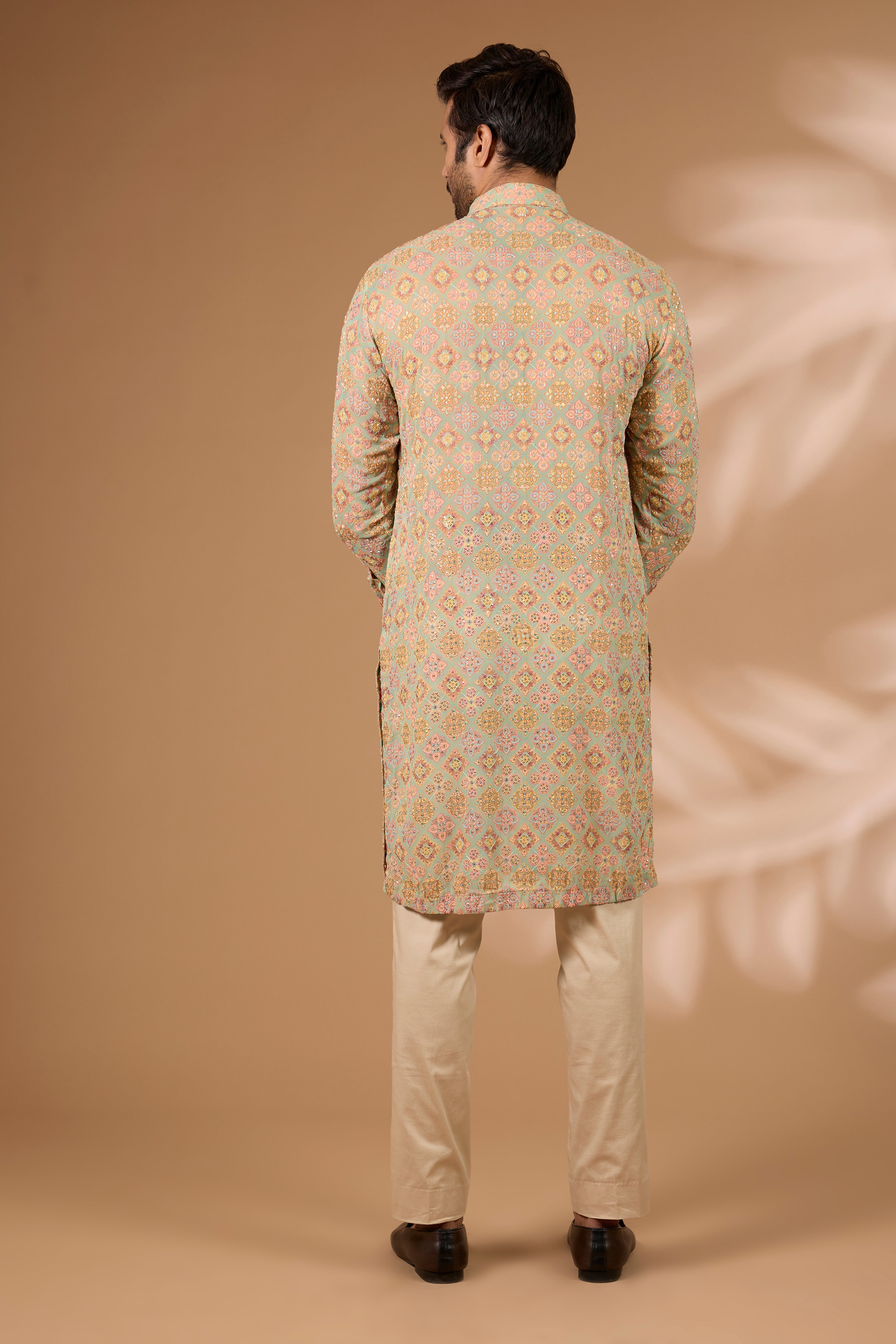 Aqua Georgette Kurta – Multicolor Thread & Beads, Gold Pant