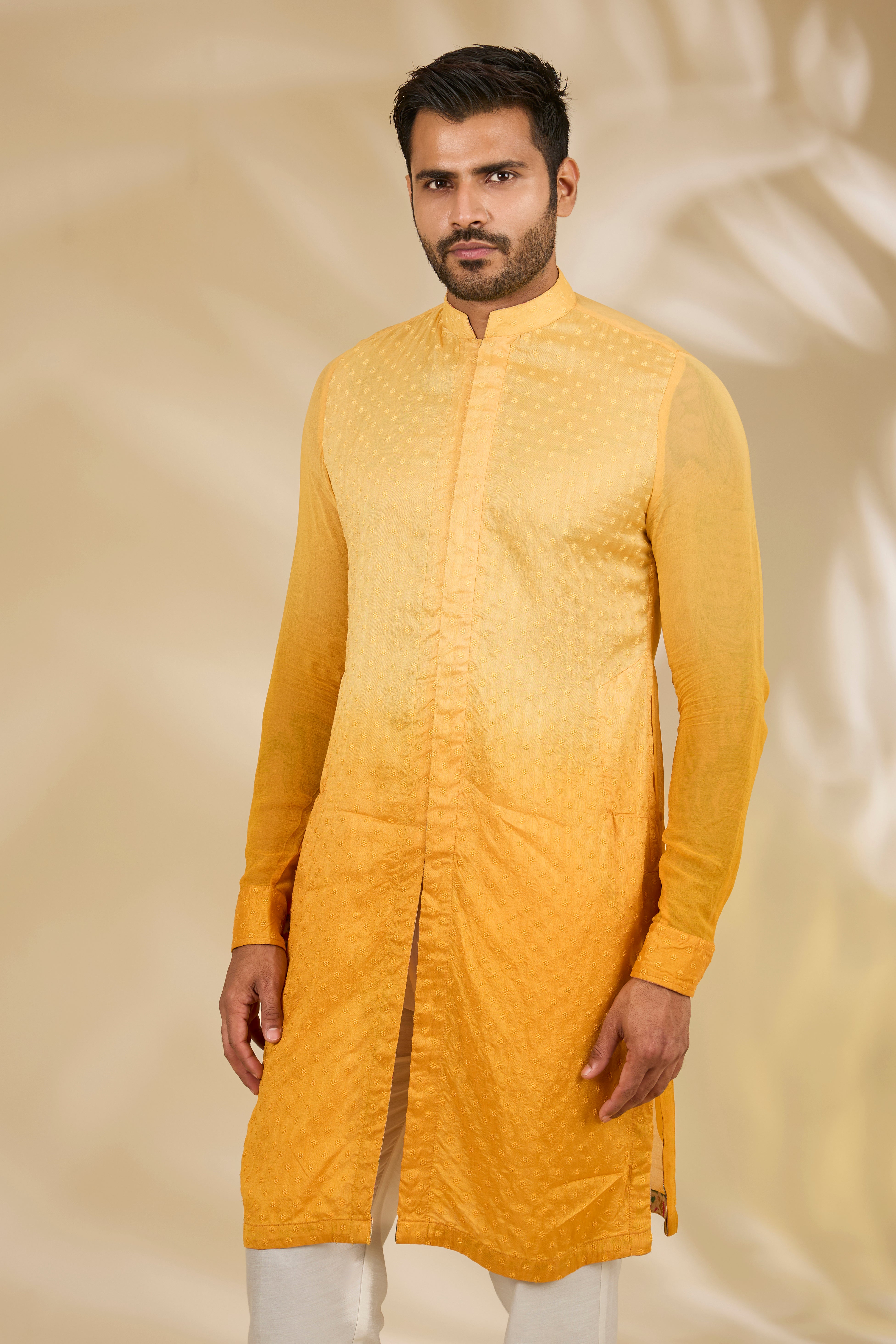 Shaded Yellow Booti Silk Kurta Set