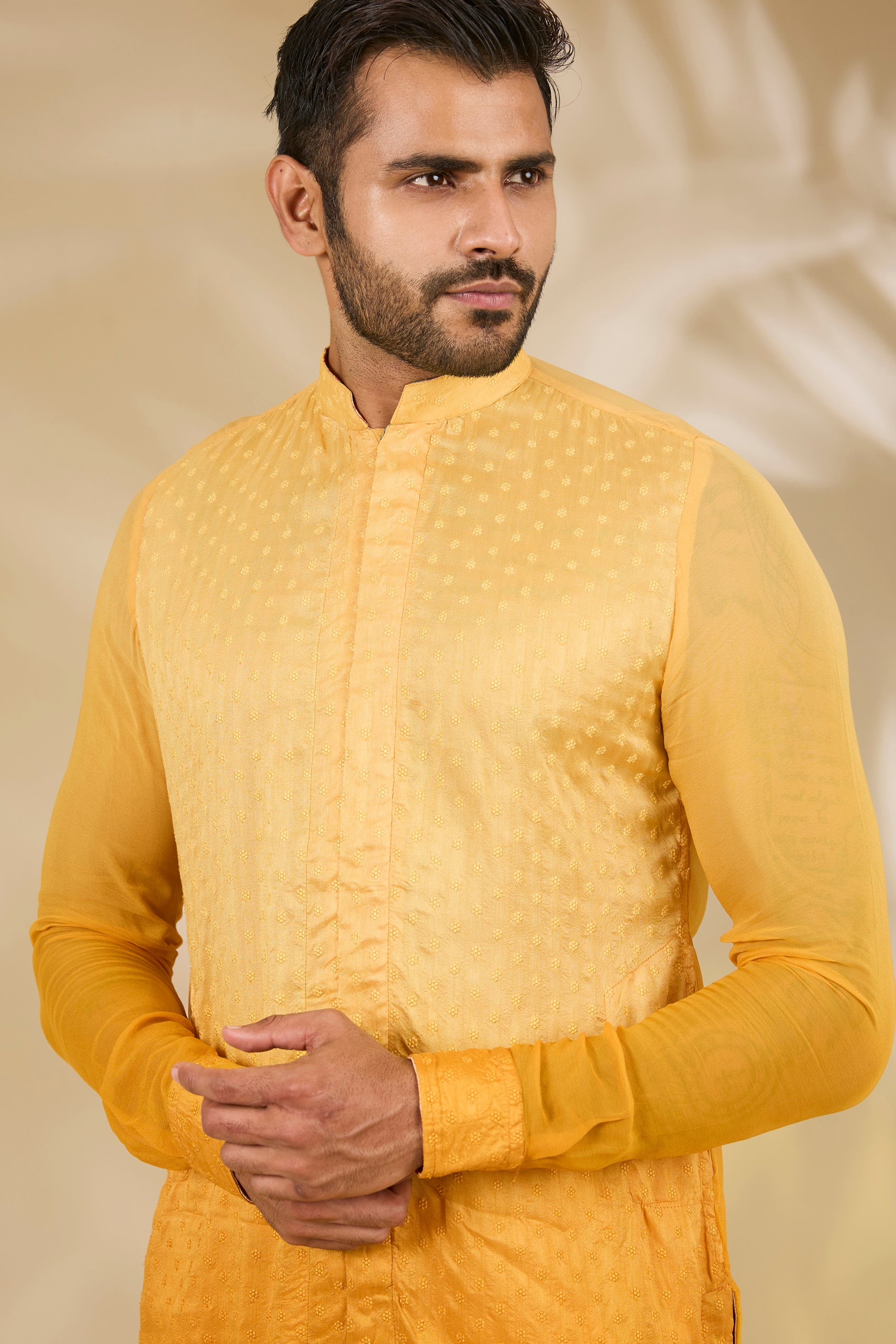 Shaded Yellow Booti Silk Kurta Set