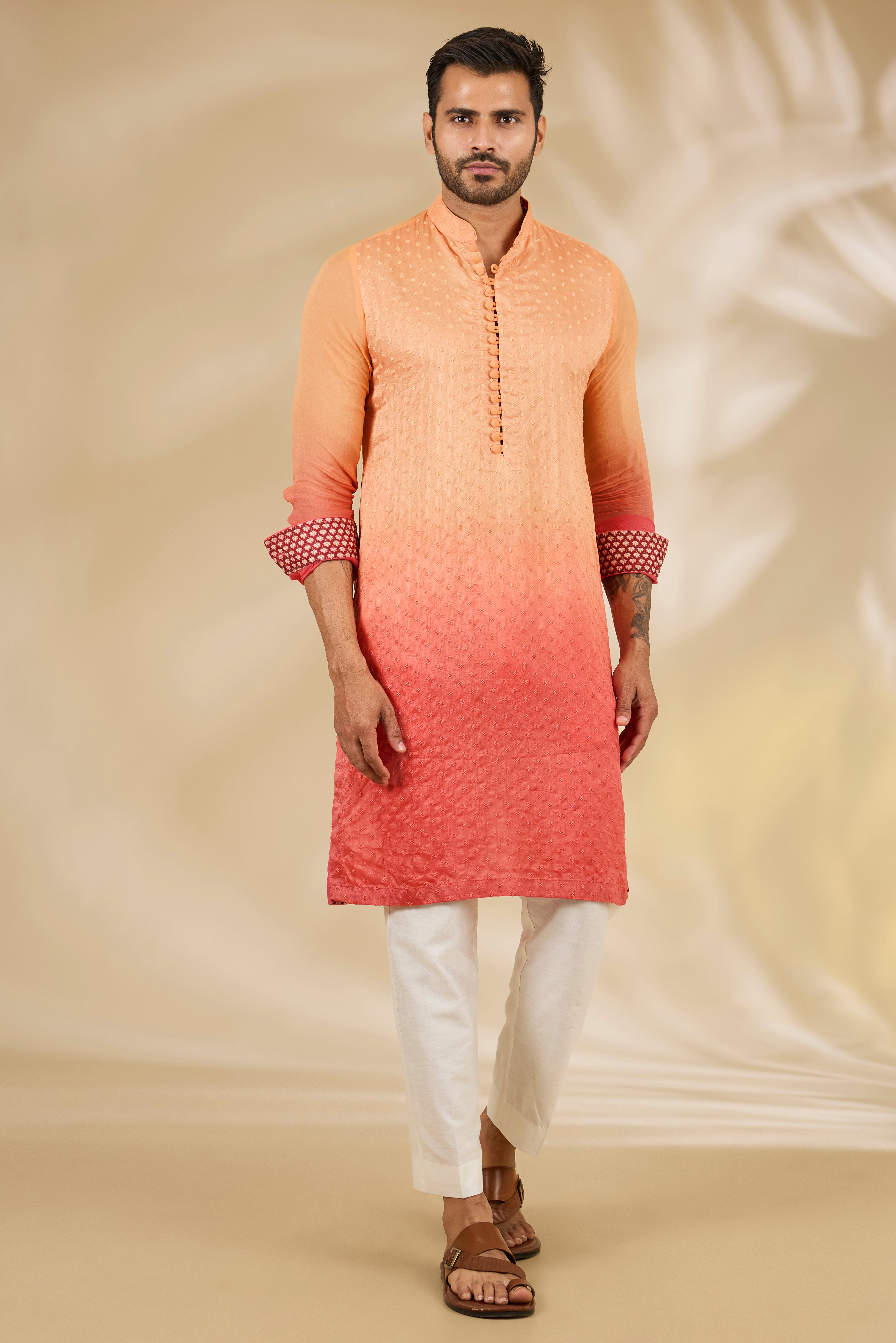 Shaded Orange–Peach Booti Silk Kurta Set