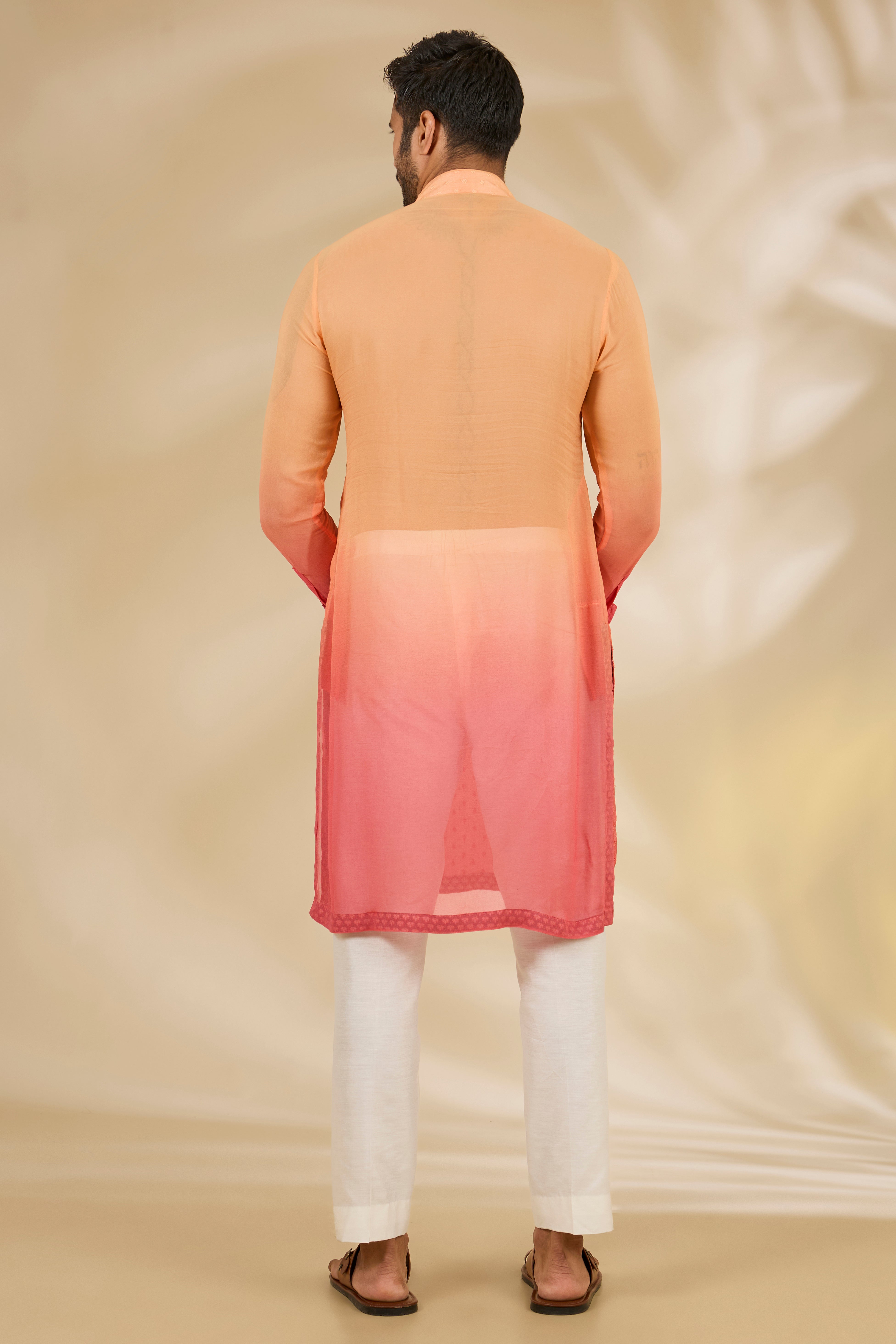 Shaded Orange–Peach Booti Silk Kurta Set