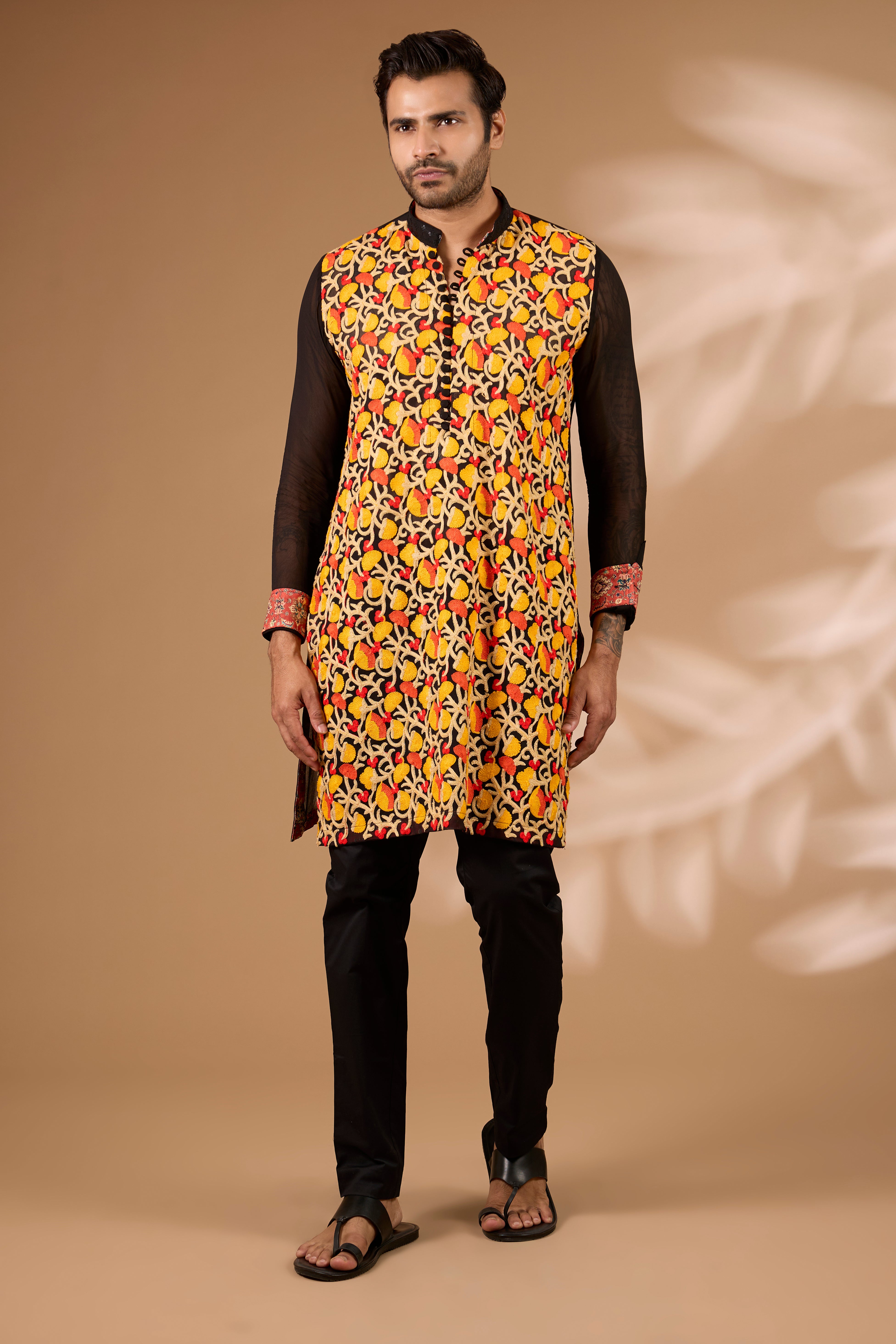 Black Georgette Kurta – Multicolor Thread, Sequin Collar, Cotton Silk Pant