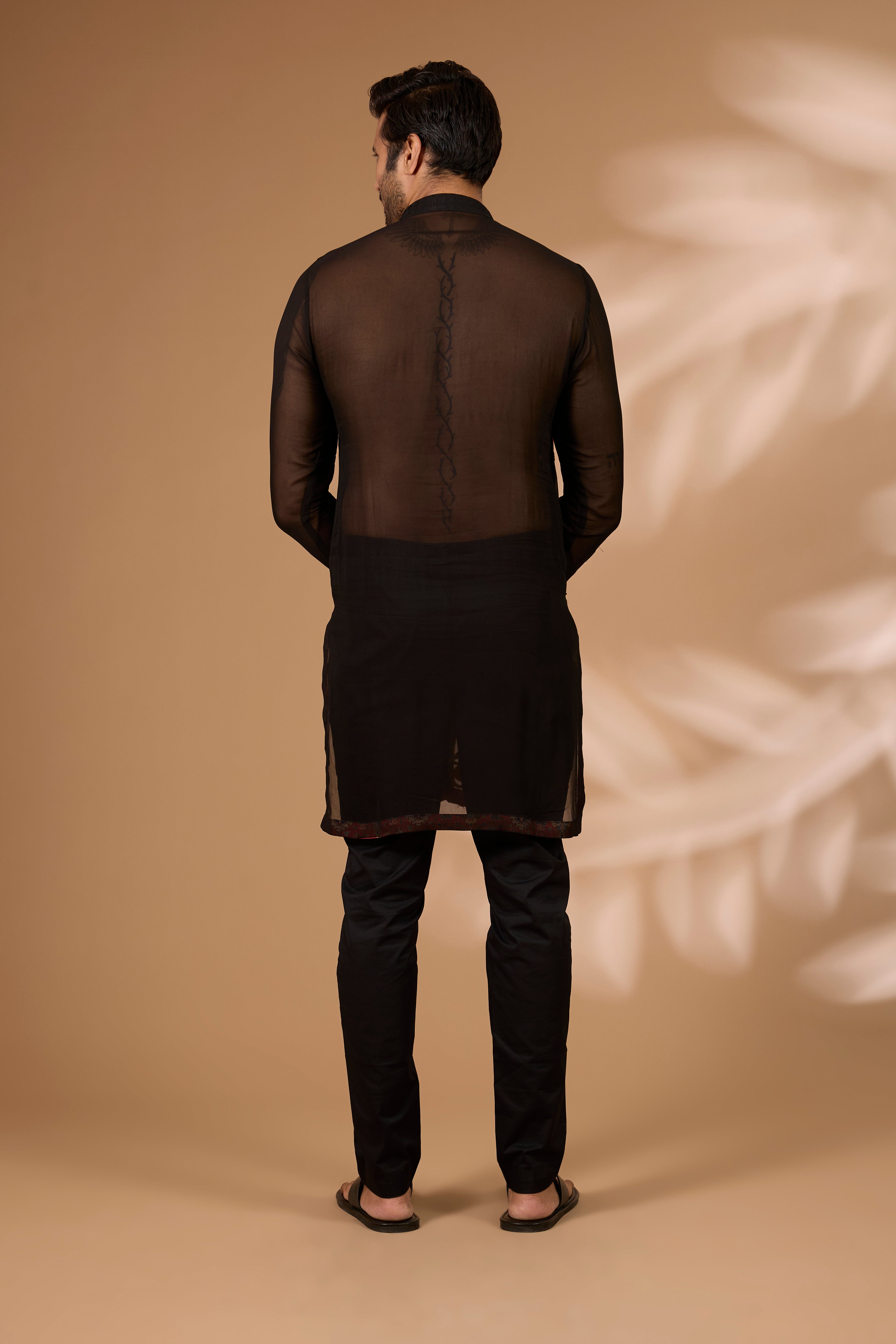 Black Georgette Kurta – Multicolor Thread, Sequin Collar, Cotton Silk Pant