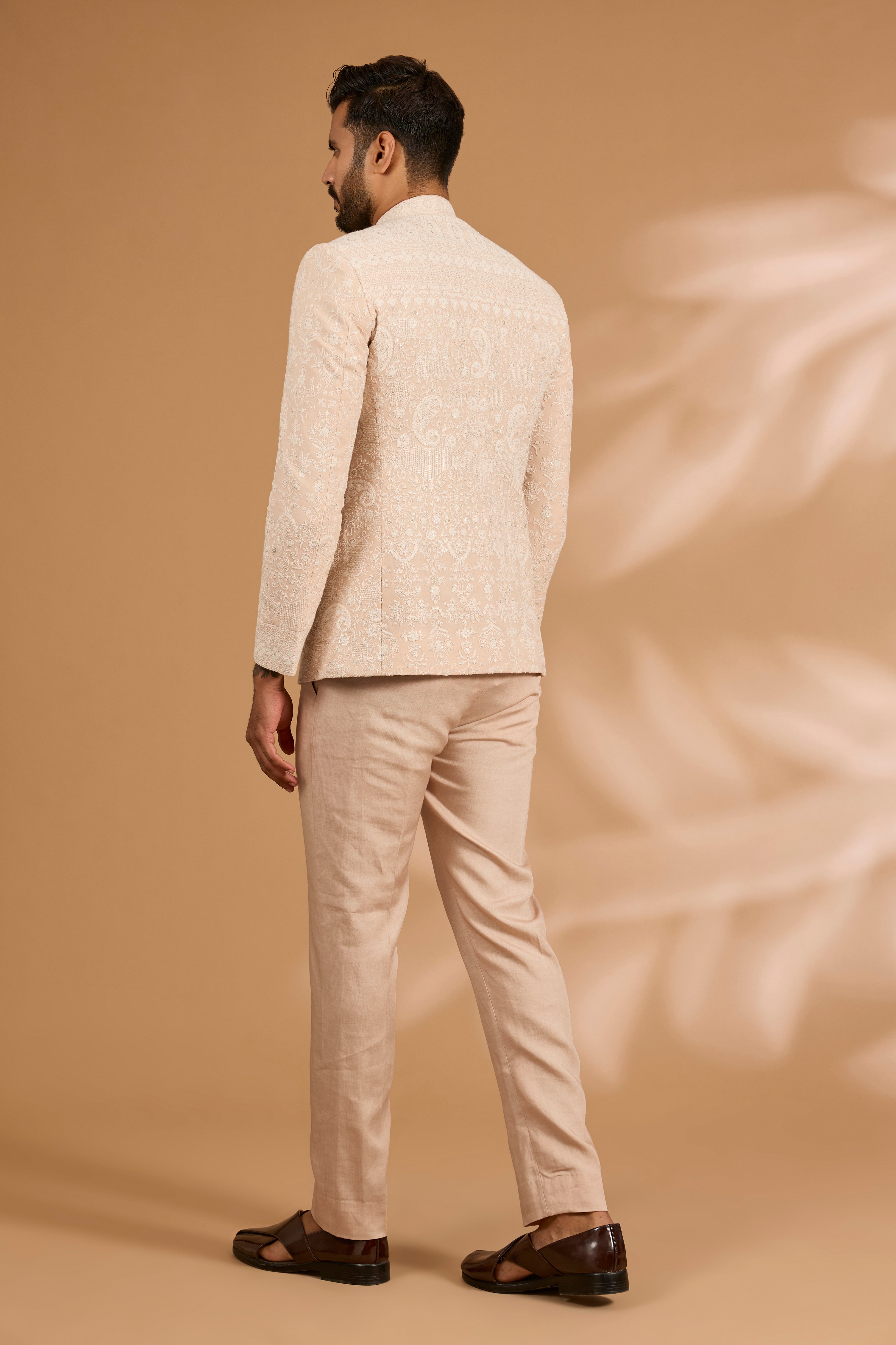 Salmon Pink Nude Thread Work Bandhgala Set