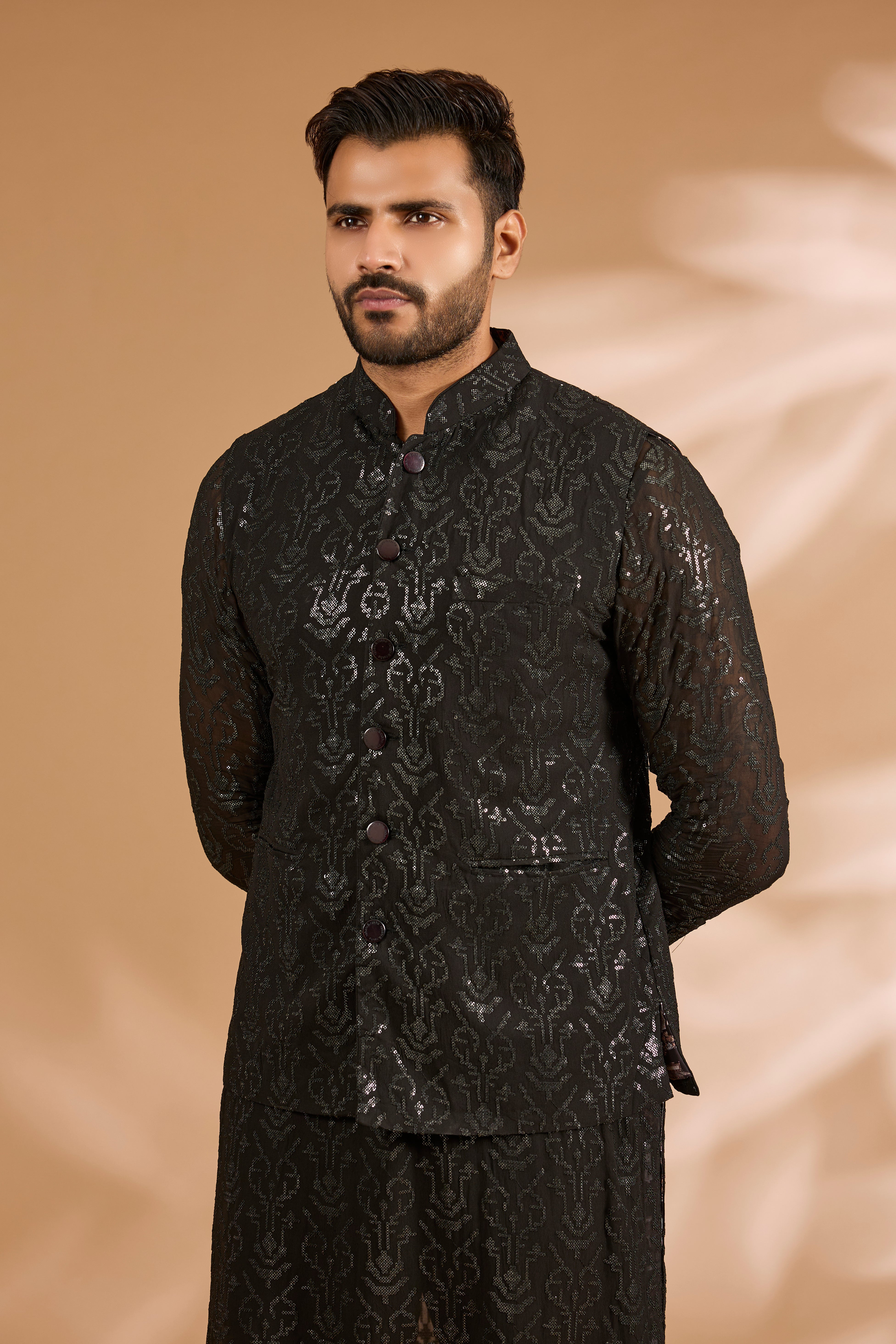Black Georgette Sequin Jaal Bundi with Printed Lining