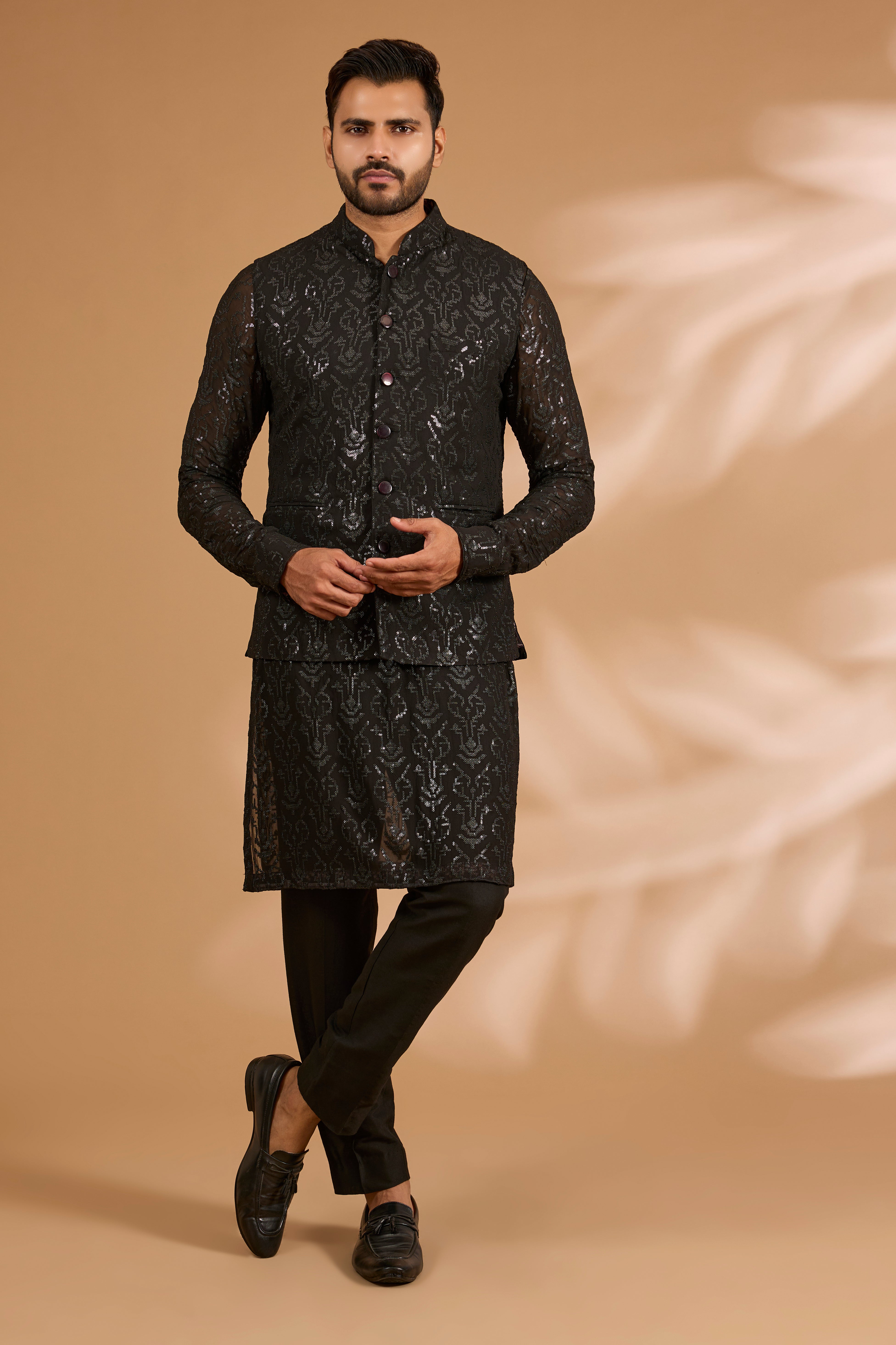 Black Georgette Sequin Jaal Bundi with Printed Lining