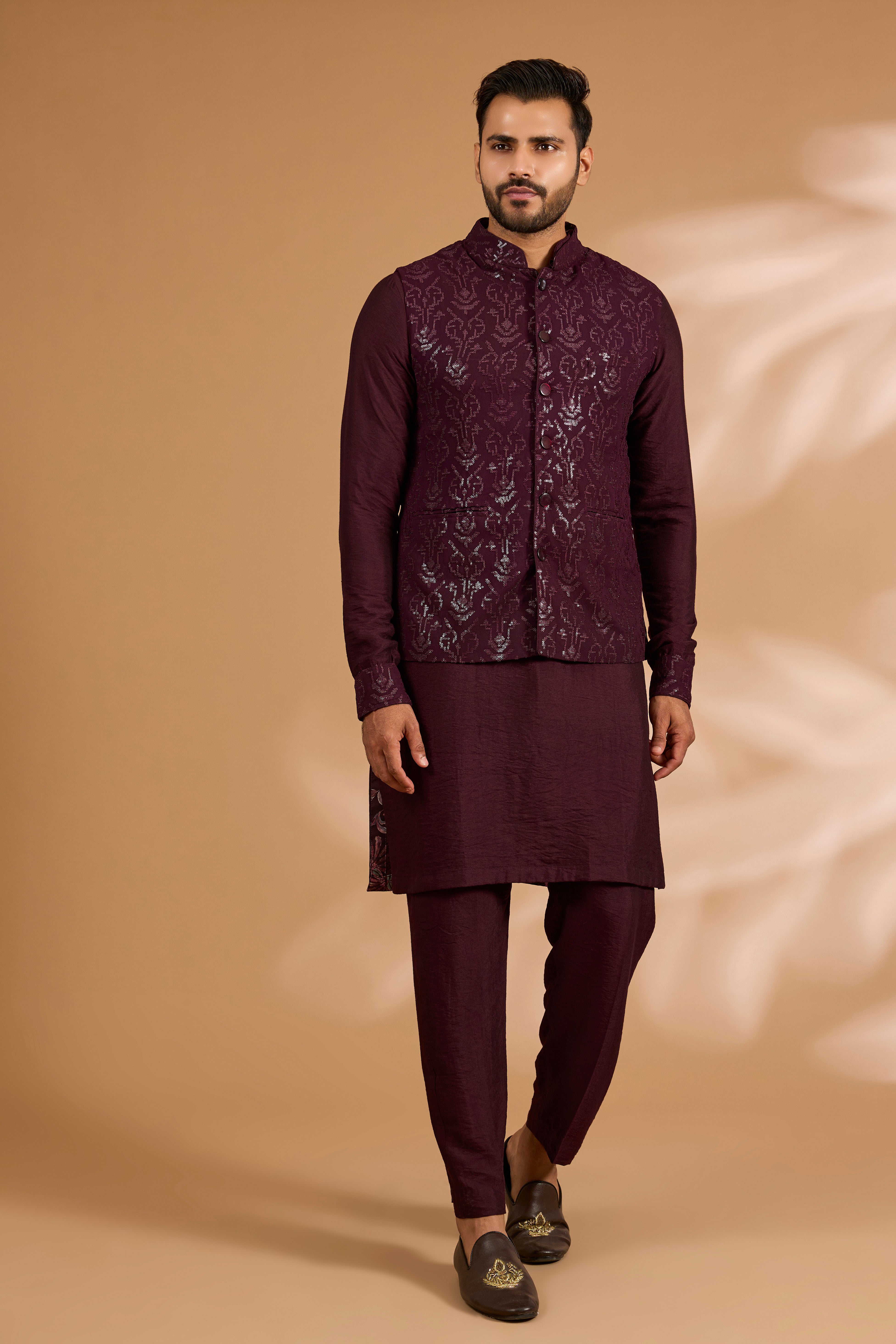 Ox Blood Georgette Sequin Jaal Bundi with Printed Lining