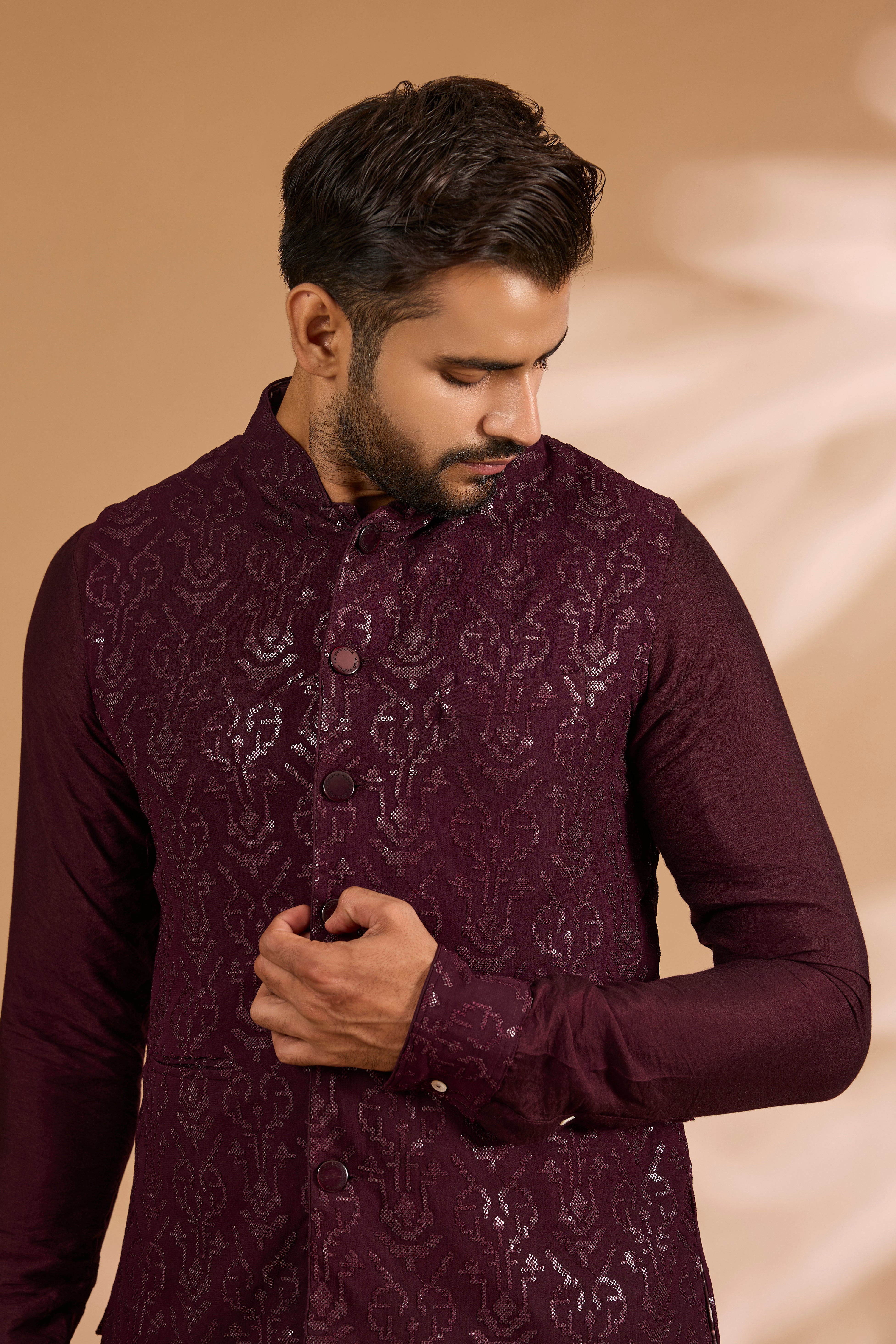 Ox Blood Georgette Sequin Jaal Bundi with Printed Lining