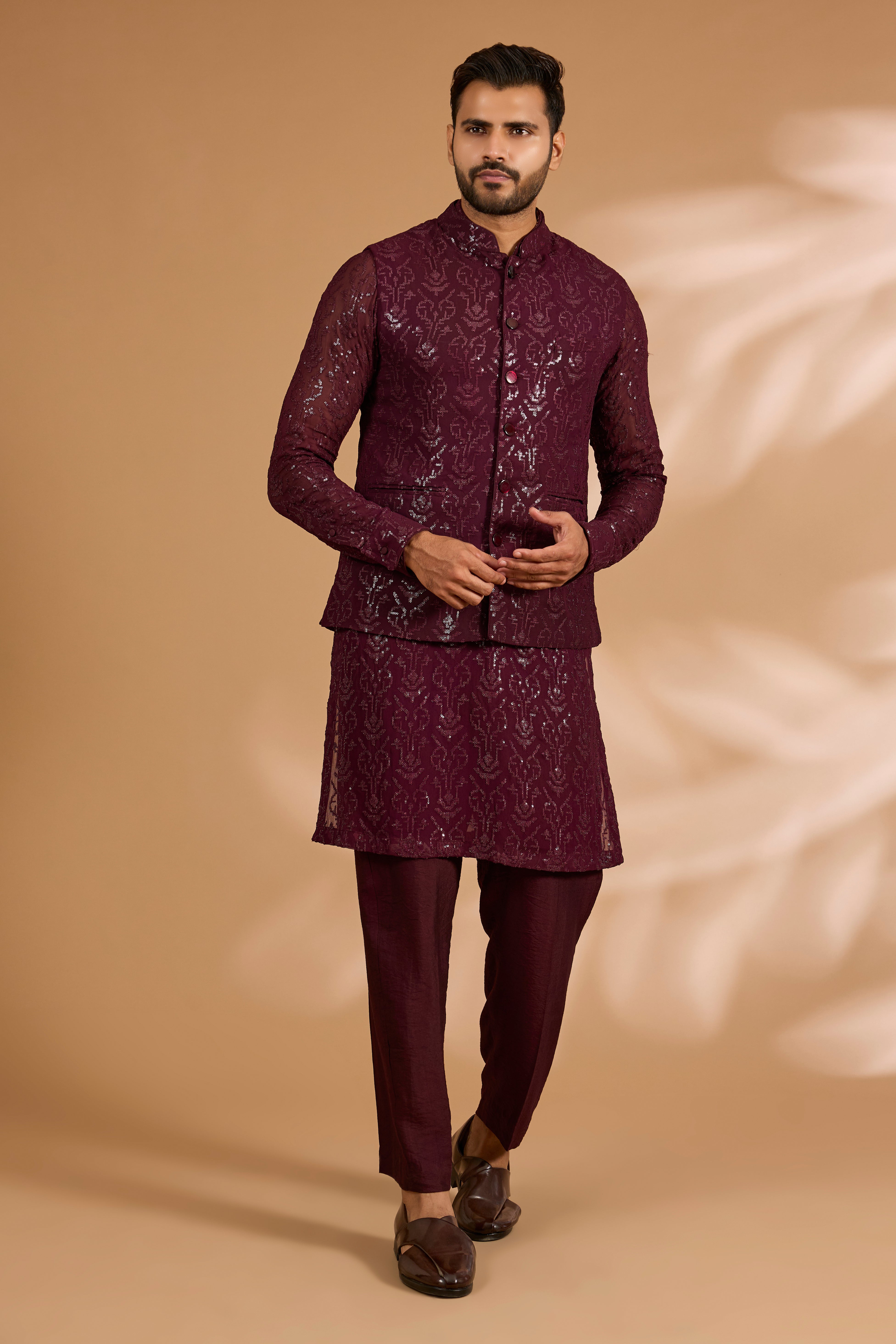 Ox Blood Full Sequin Jaal Bundi Kurta Set