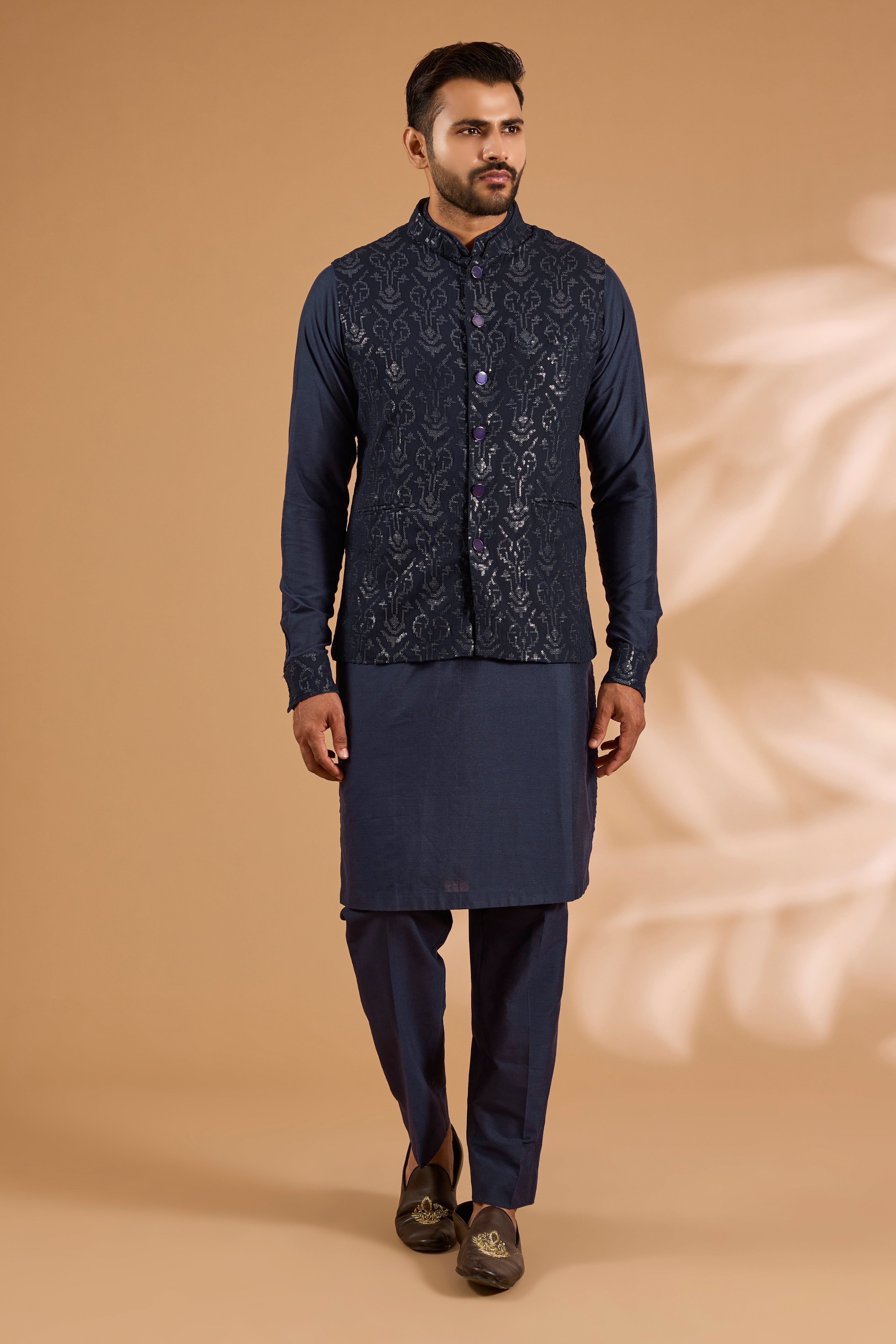 Blue Georgette Sequin Jaal Bundi with Printed Lining