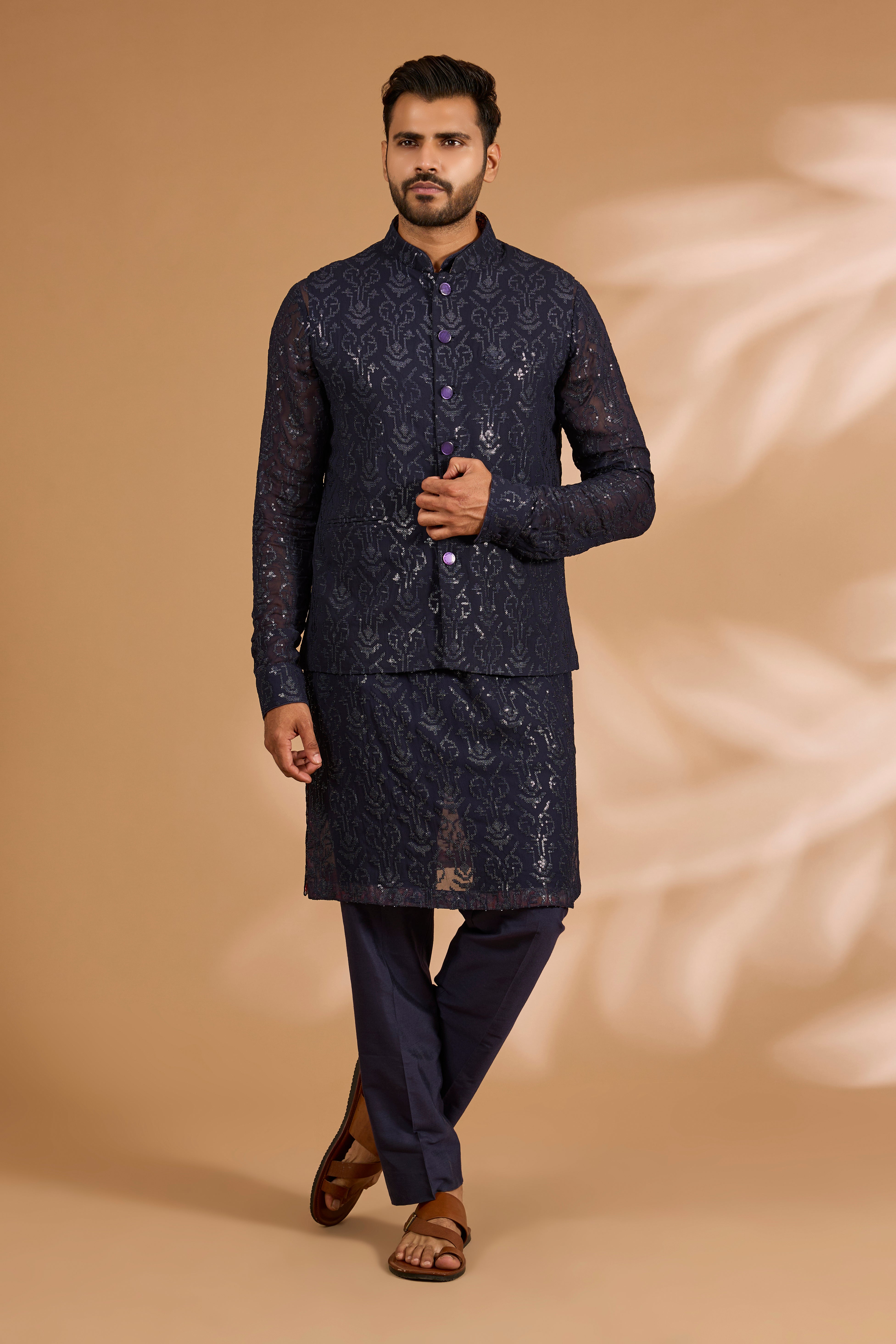 Blue Full Sequin Jaal Bundi Kurta Set