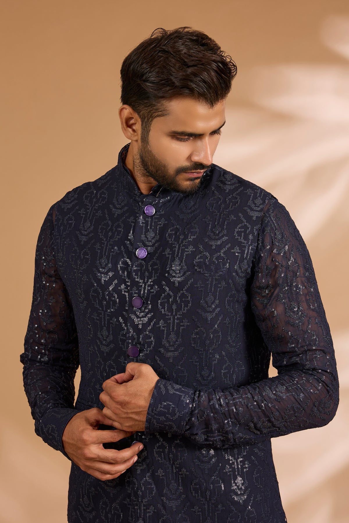 Blue Full Sequin Jaal Bundi Kurta Set